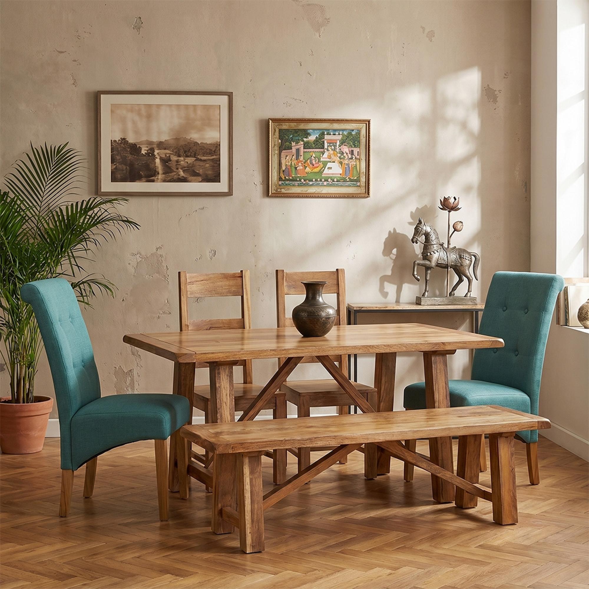Odisha Dining Set - 6 Seater - with 2 Wooden and 2 Fabric Chairs and Bench - Solid Mango Wood