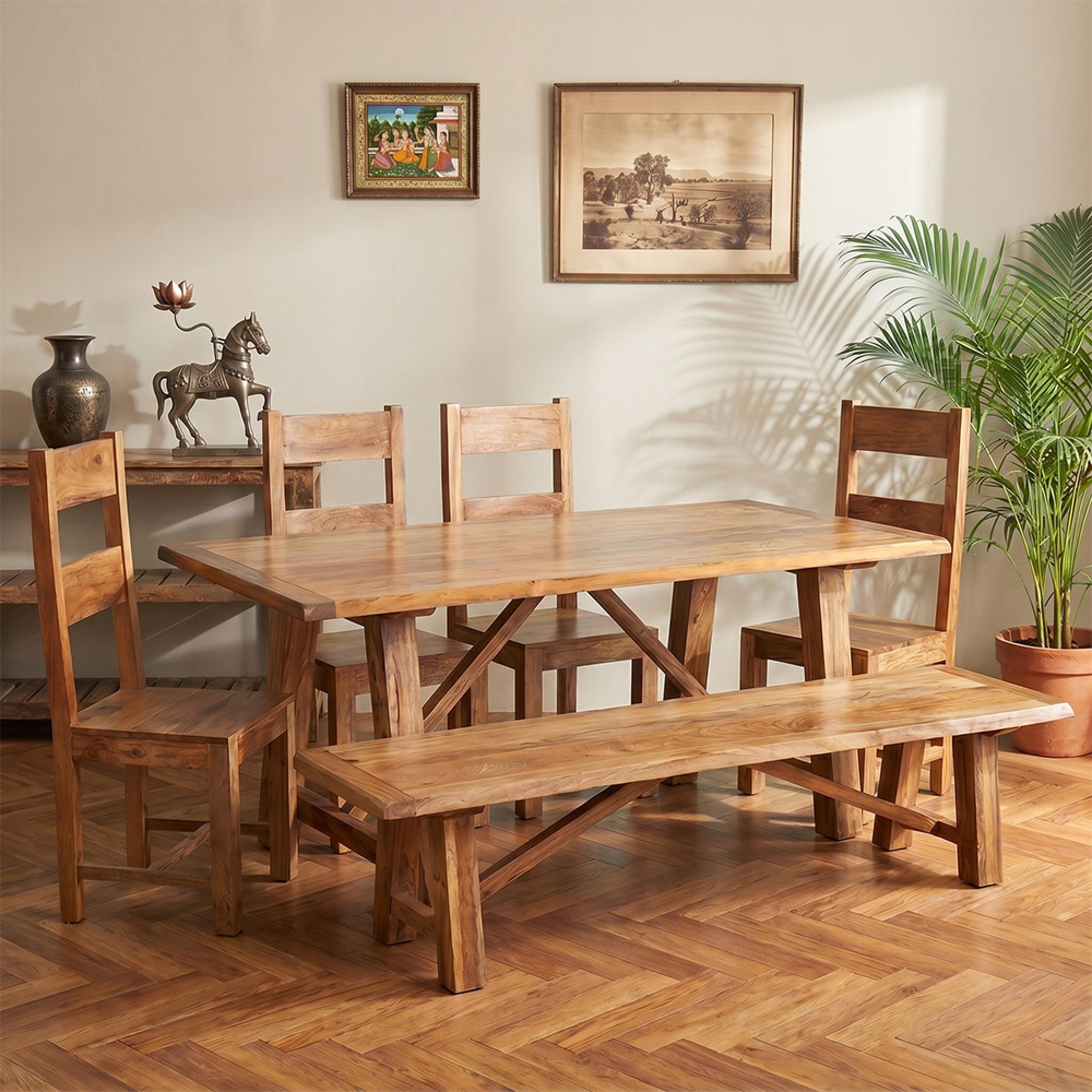 Odisha Dining Set - 6 Seater - with 4 Wooden Chairs and Bench - Solid Mango Wood