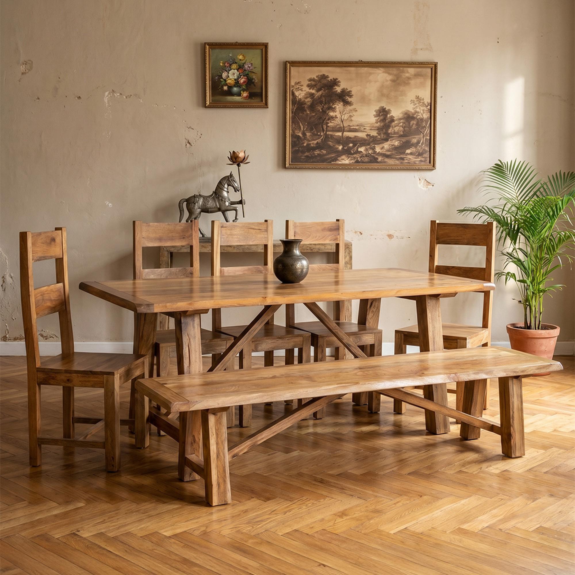 Odisha Dining Set - 8 Seater - with 5 Wooden Chairs and Bench - Solid Mango Wood
