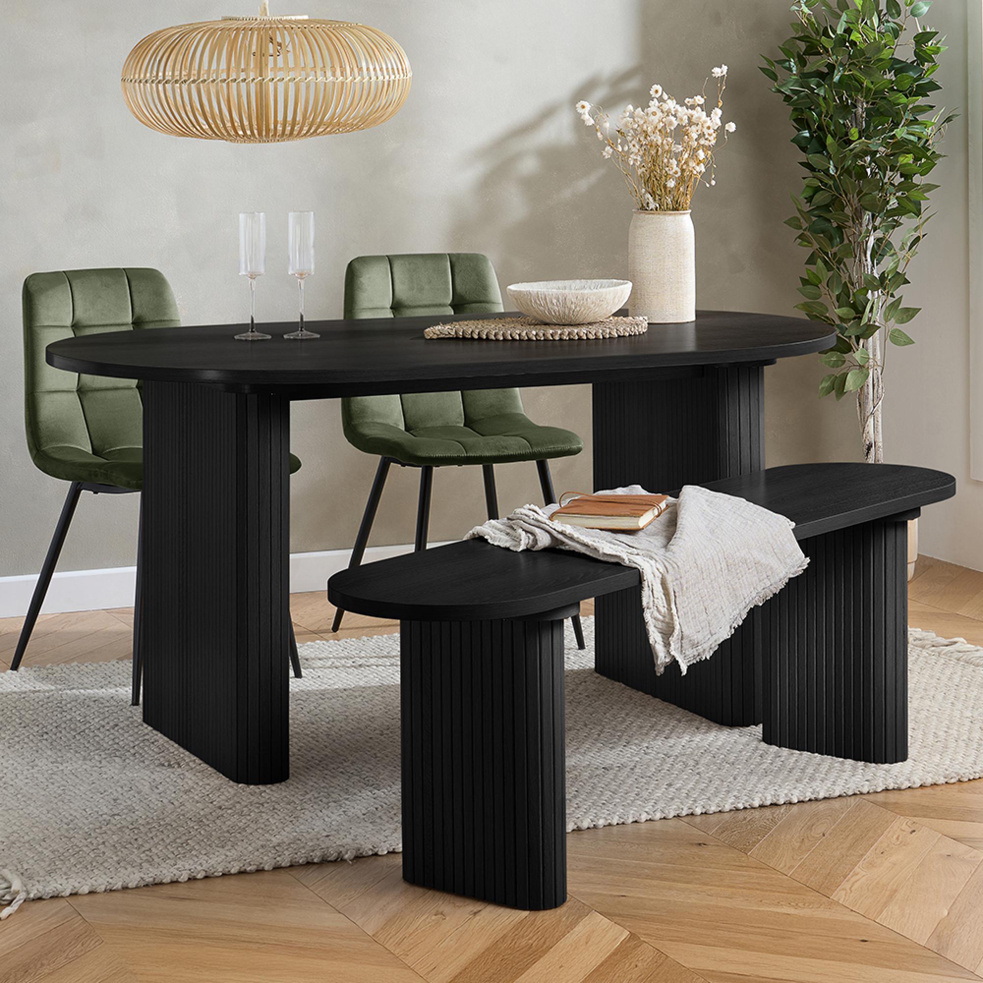 Axel Dining Set - 160cm - 6 Seater - Oval - Fluted - Black - Wood - 2 Chair and 1 Bench
