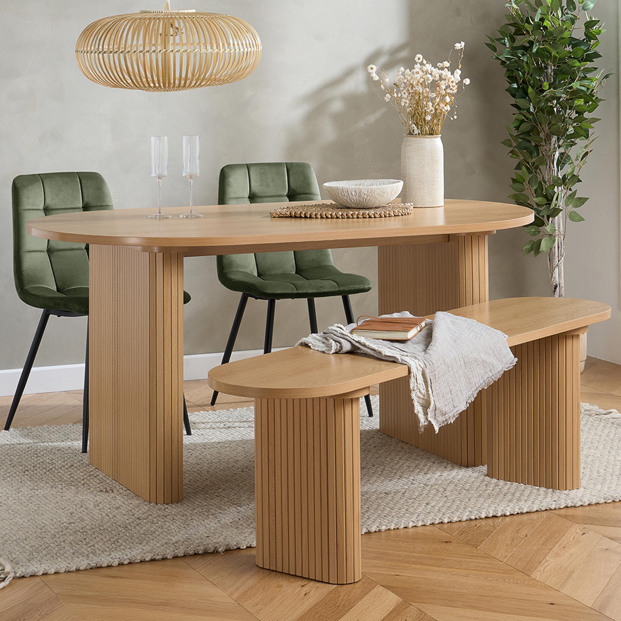 Axel Dining Set - 160cm - 6 Seater - Oval - Fluted - Oak - 2 Chair and 1 Bench