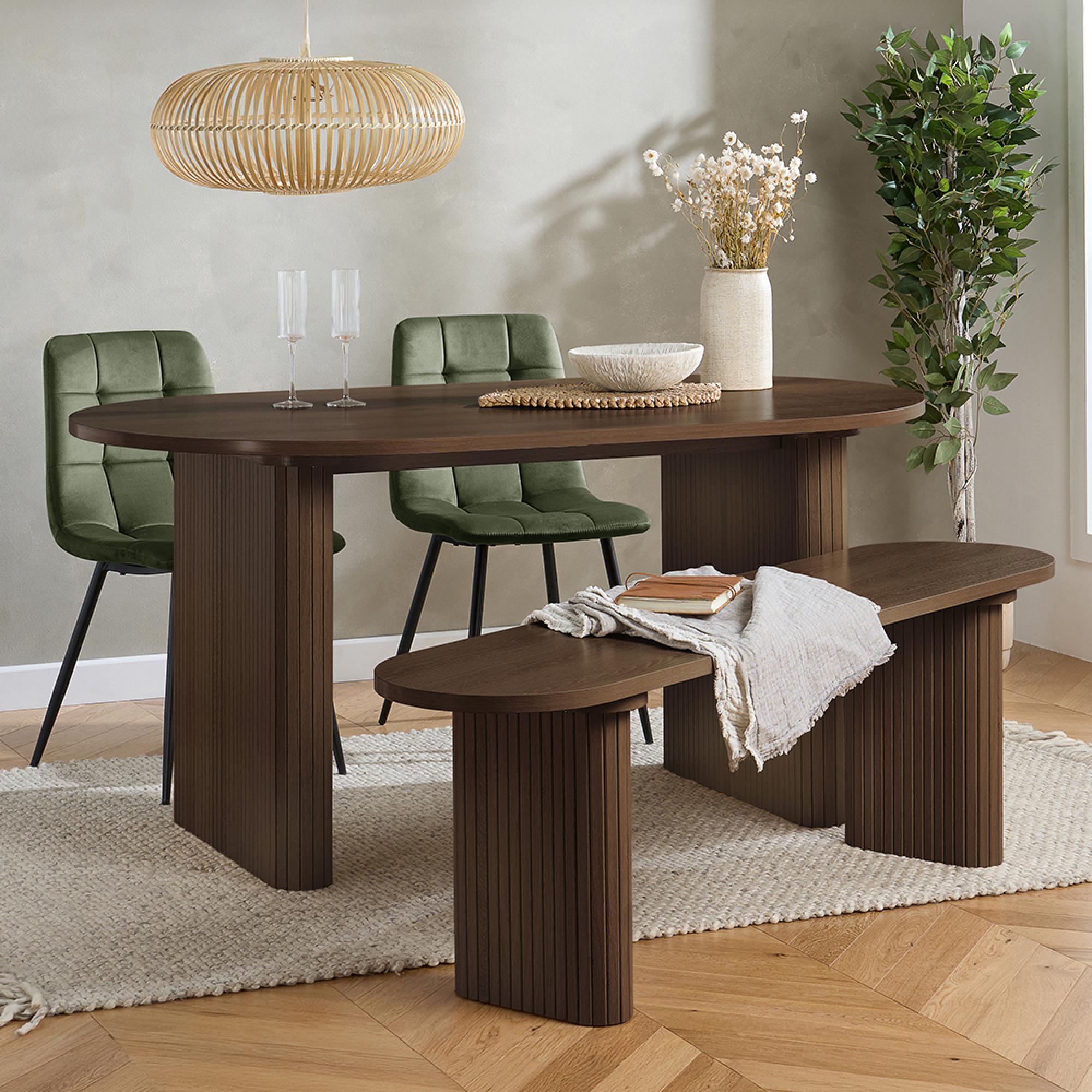 Axel Dining Set - 160cm - 6 Seater - Oval - Fluted - Walnut - 2 Chair and 1 Bench
