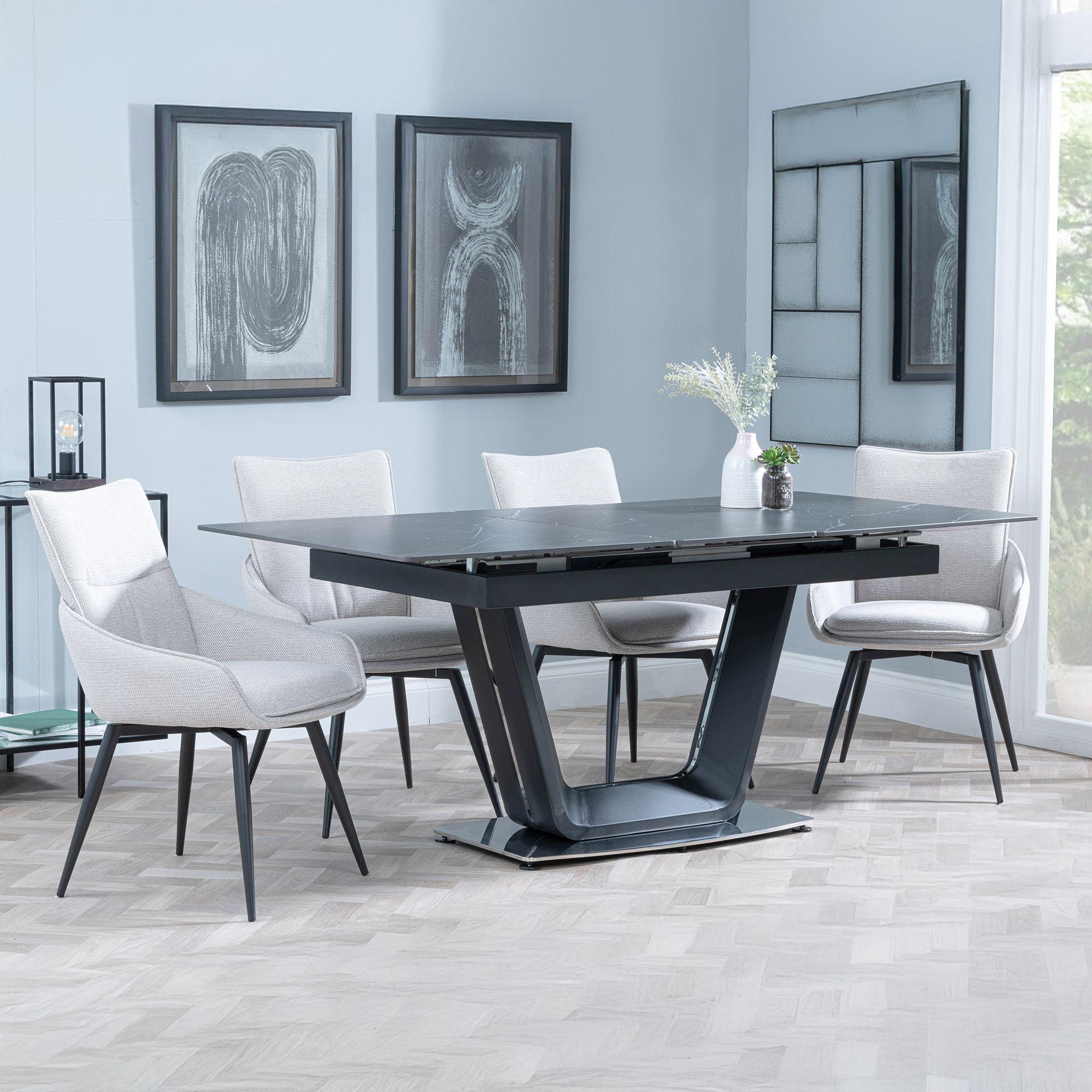 Alpha Black Ceramic Extending Dining Set - Ace Beige Fabric Swivel Dining Chair
