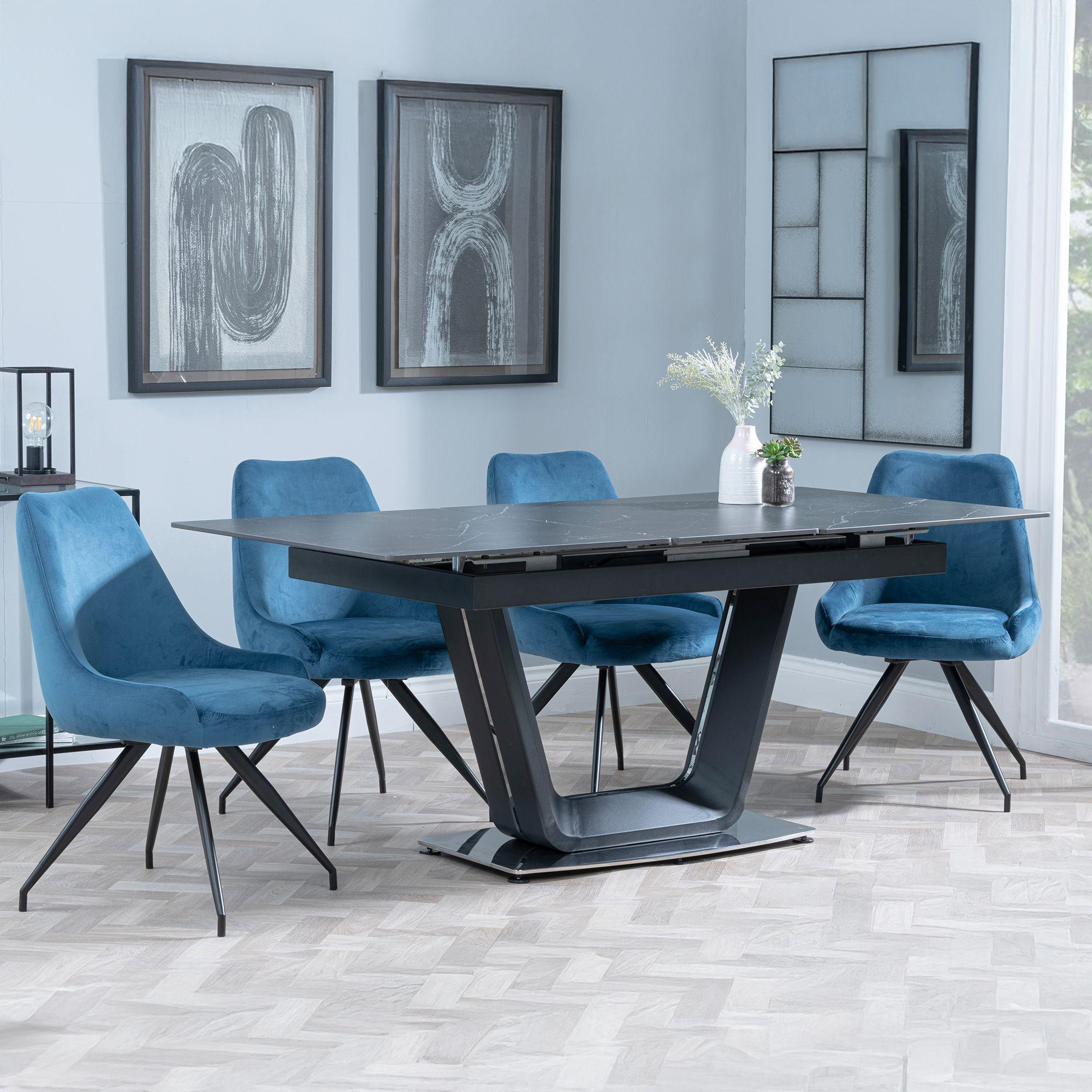 Alpha Black Ceramic Extending Dining Set - Arctic Blue Velvet Fabric Swivel Dining Chair