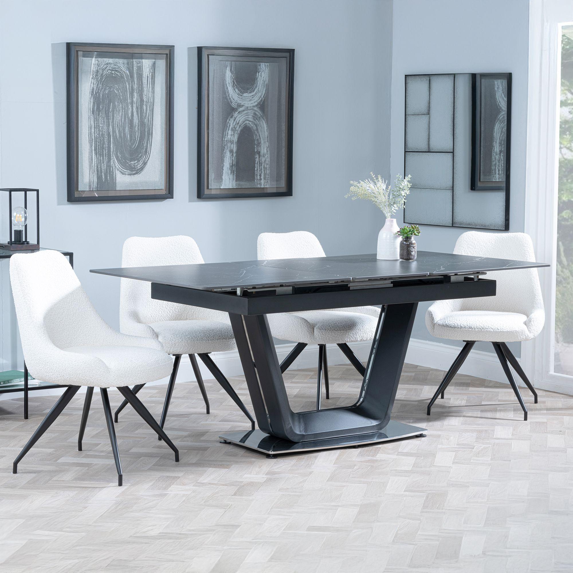 Alpha Black Ceramic Extending Dining Set - Arctic Cream Velvet Fabric Swivel Dining Chair
