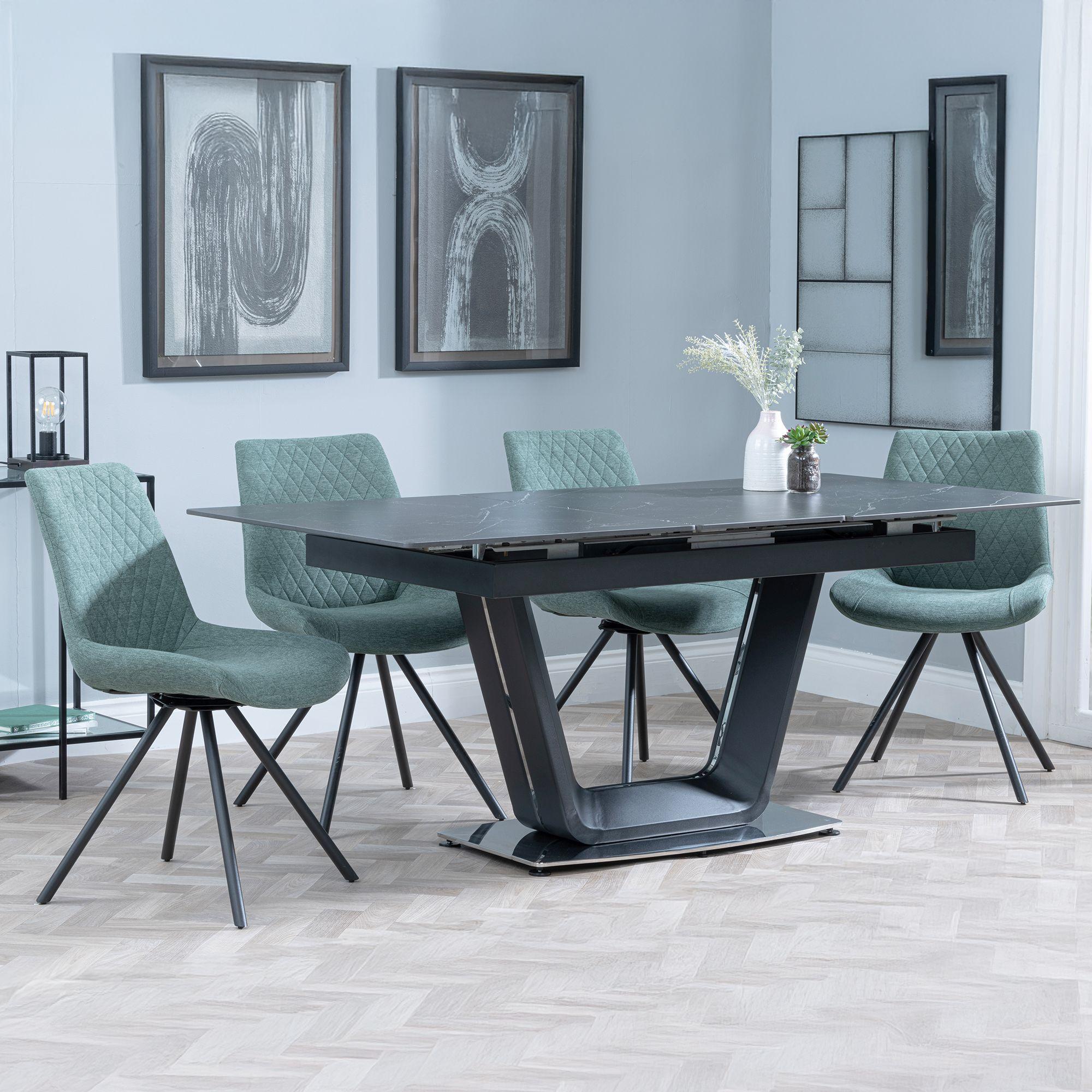 Alpha Black Ceramic Extending Dining Set - Boden Green Fabric Swivel Dining Chair