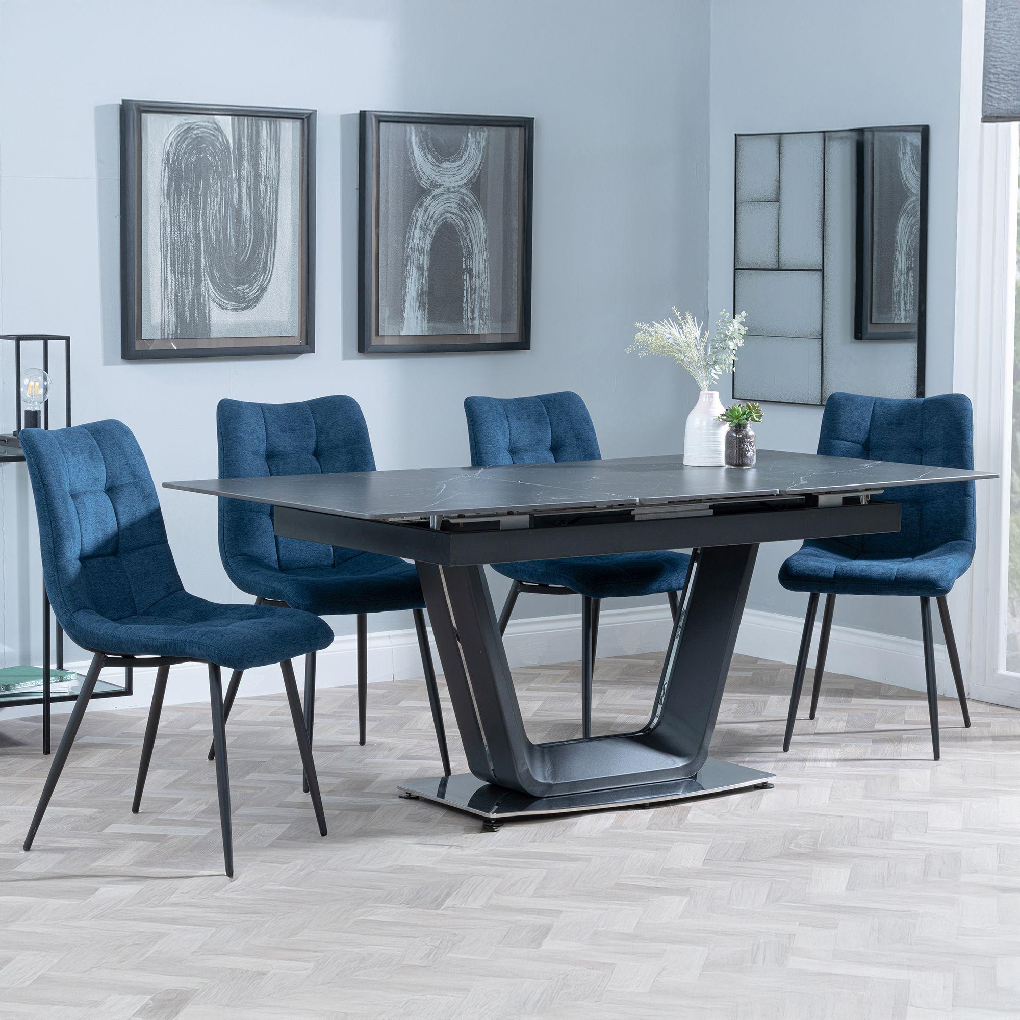 Alpha Black Ceramic Extending Dining Set - Corona Blue Fabric Dining Chair