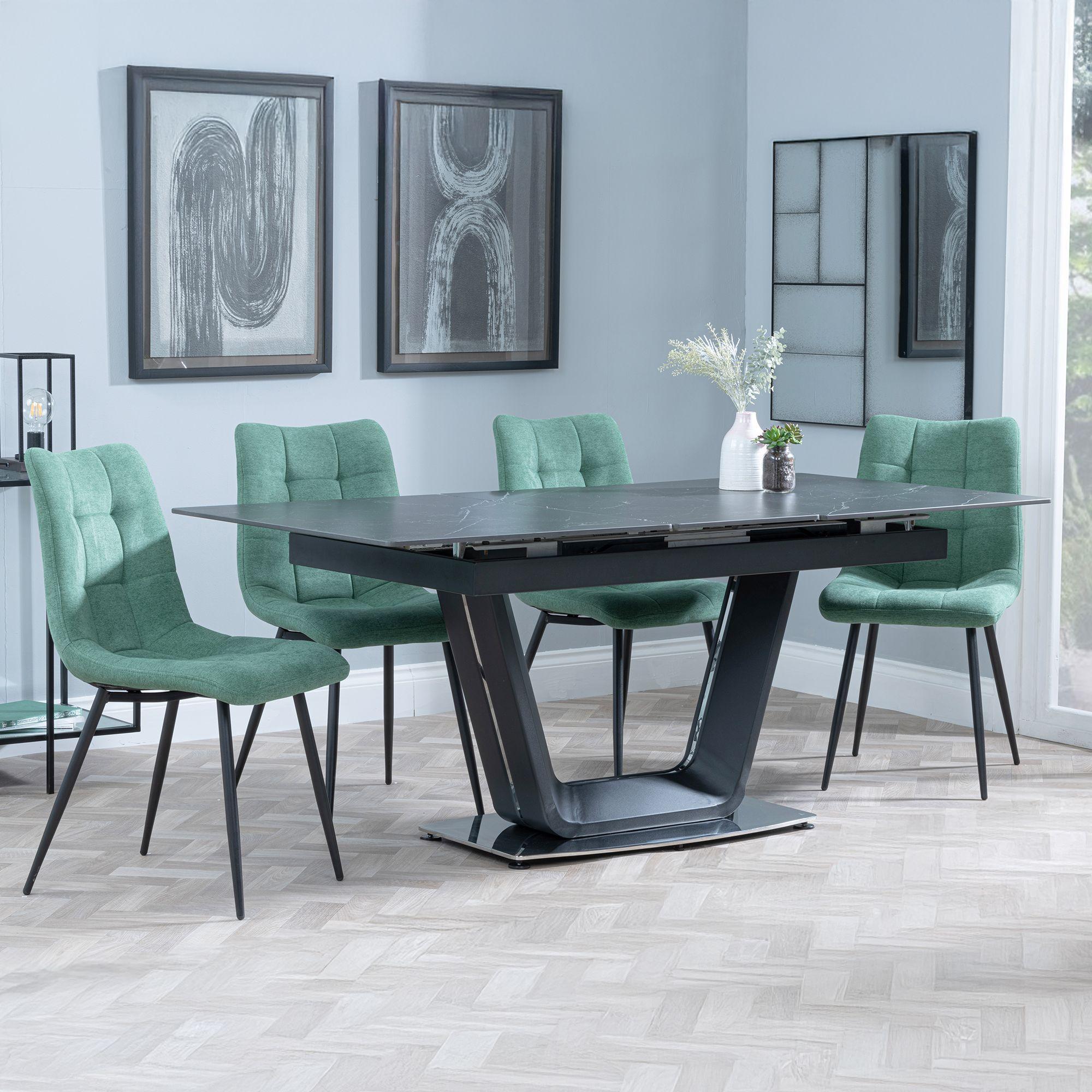 Alpha Black Ceramic Extending Dining Set - Corona Green Fabric Dining Chair
