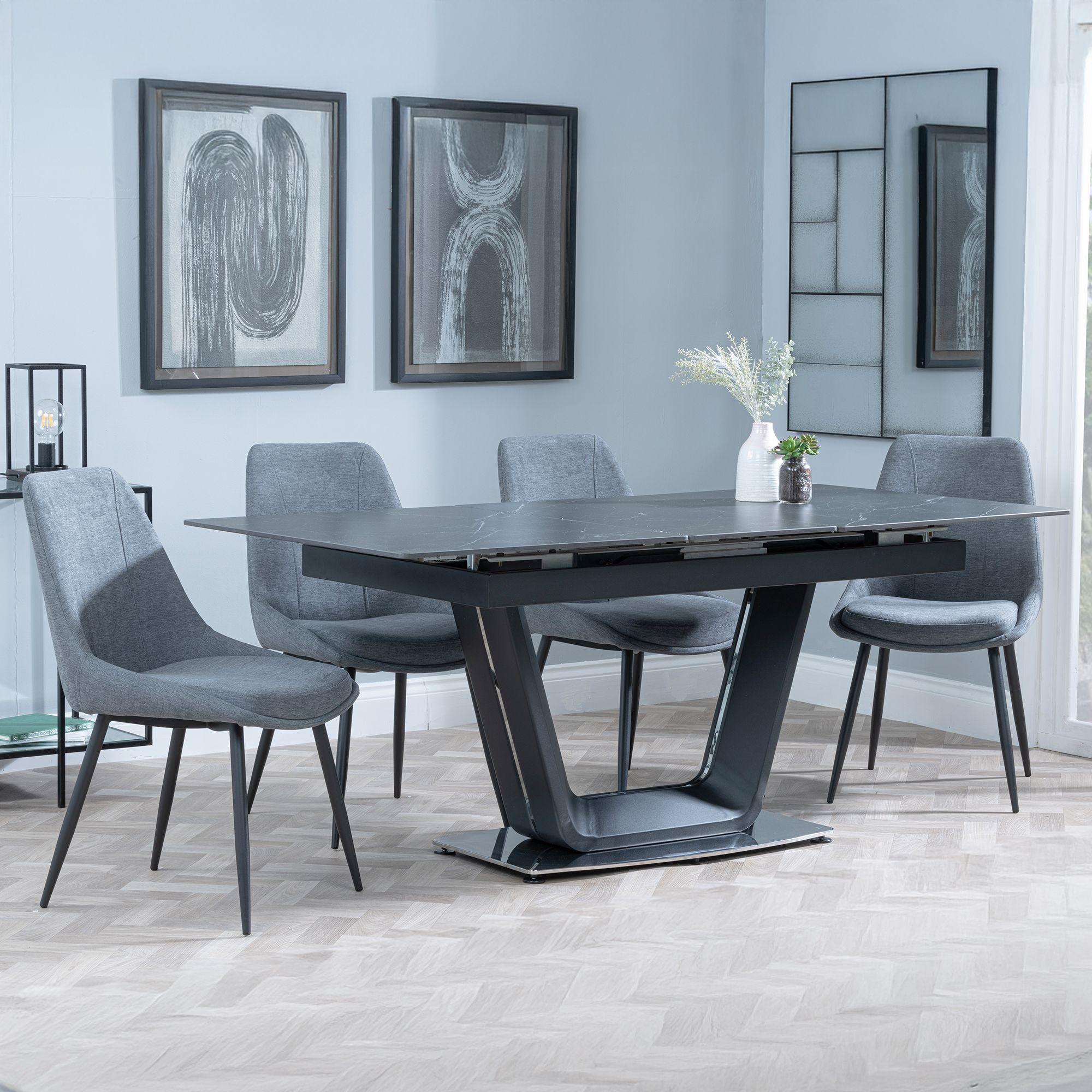 Alpha Black Ceramic Extending Dining Set - Darwin Grey Fabric Dining Chair