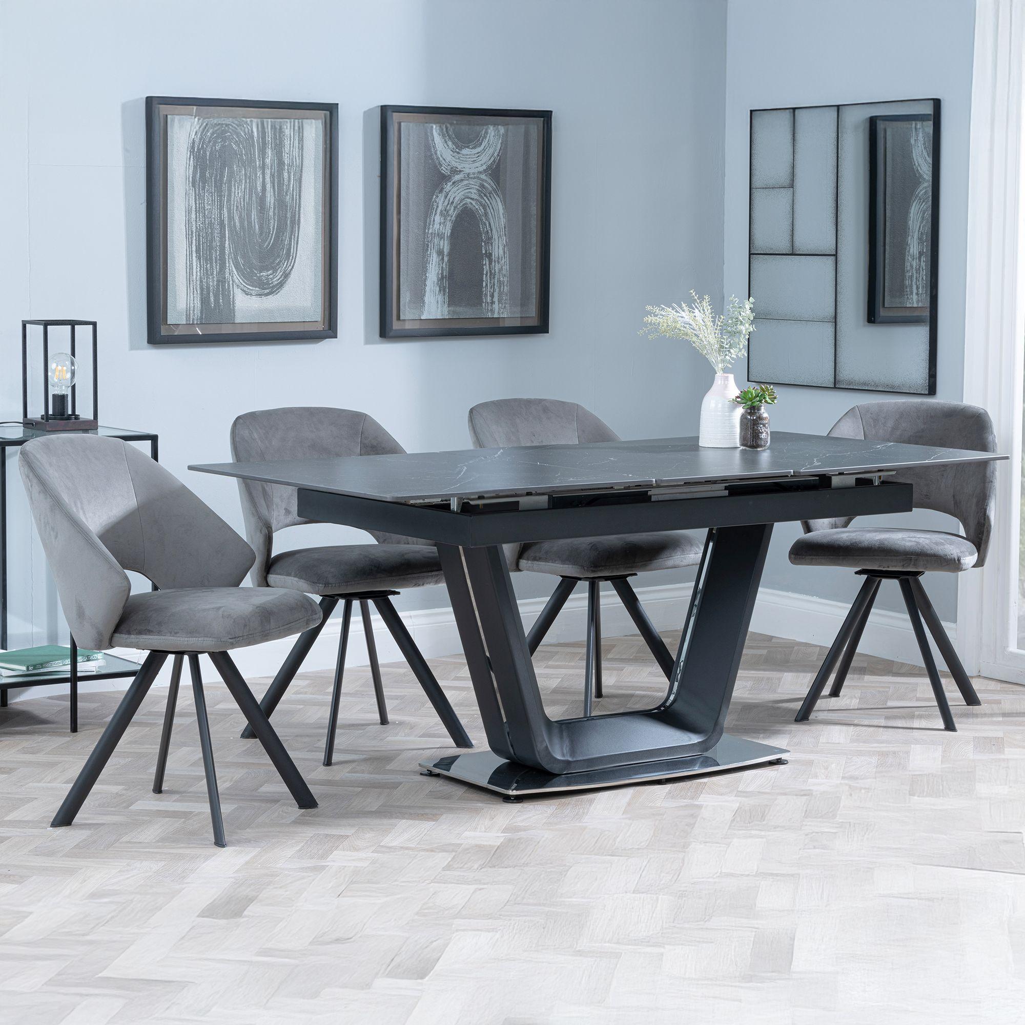 Alpha Black Ceramic Extending Dining Set - Ion Dark Grey Velvet Fabric Swivel Dining Chair