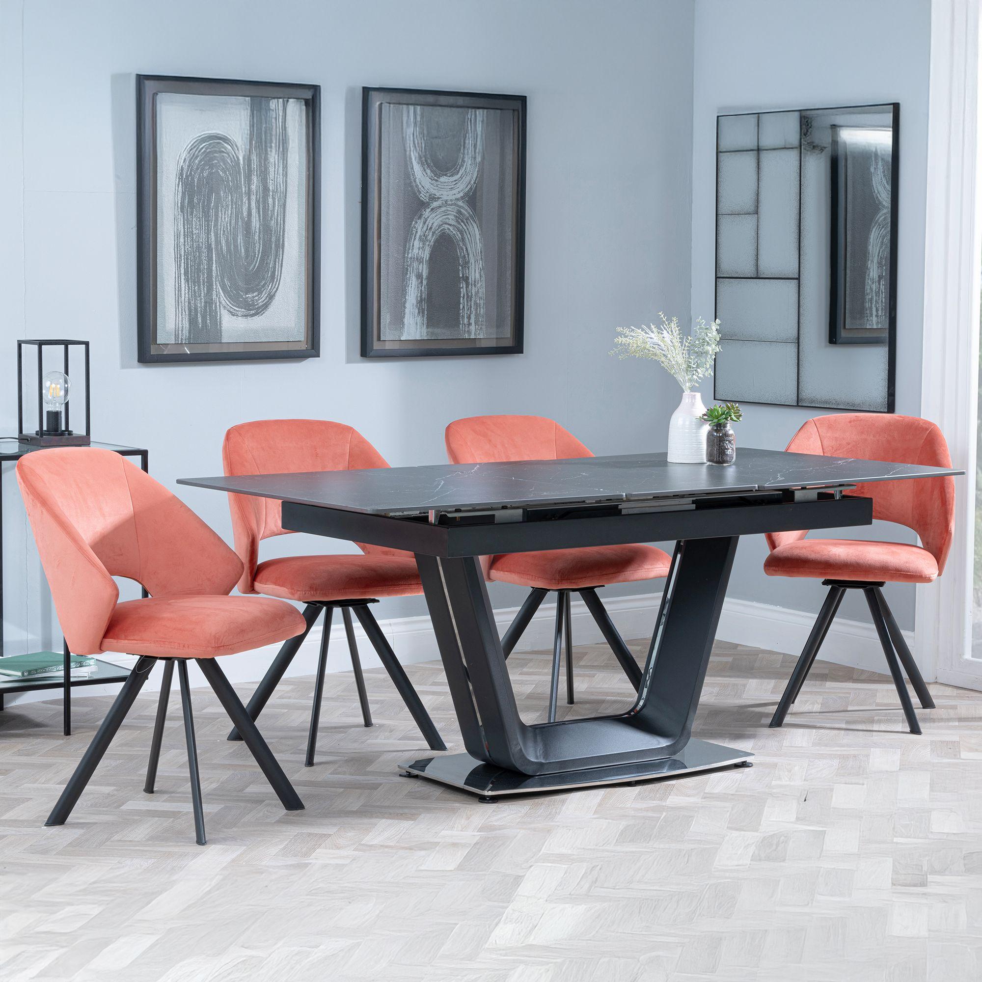 Alpha Black Ceramic Extending Dining Set - Ion Orange Velvet Fabric Swivel Dining Chair