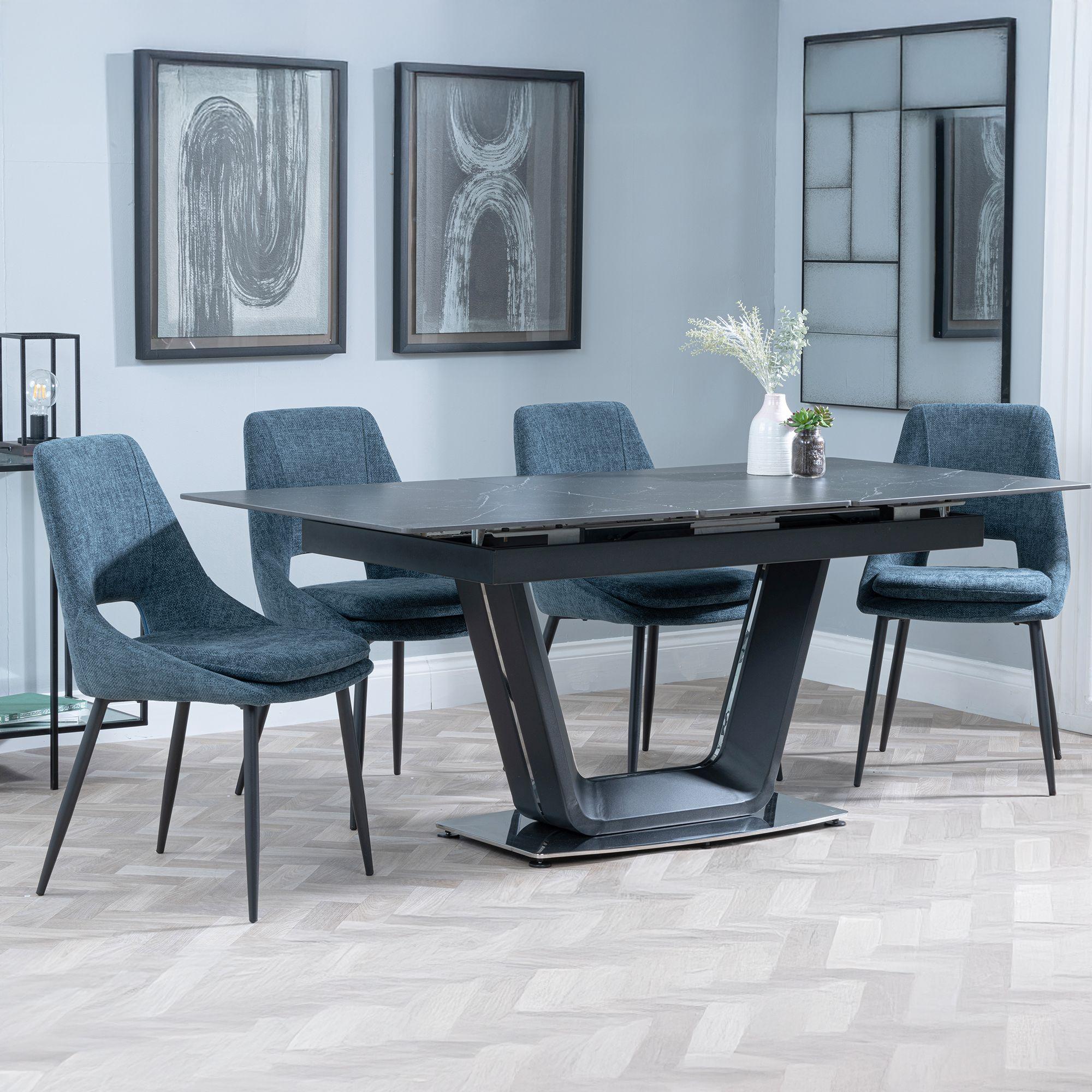 Alpha Black Ceramic Extending Dining Set - Peyton Blue Fabric Dining Chair