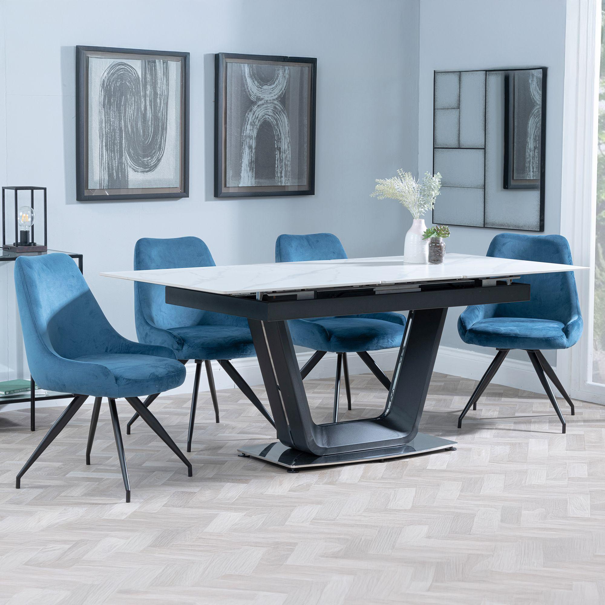 Alpha White Ceramic Extending Dining Set - Arctic Blue Velvet Fabric Swivel Dining Chair
