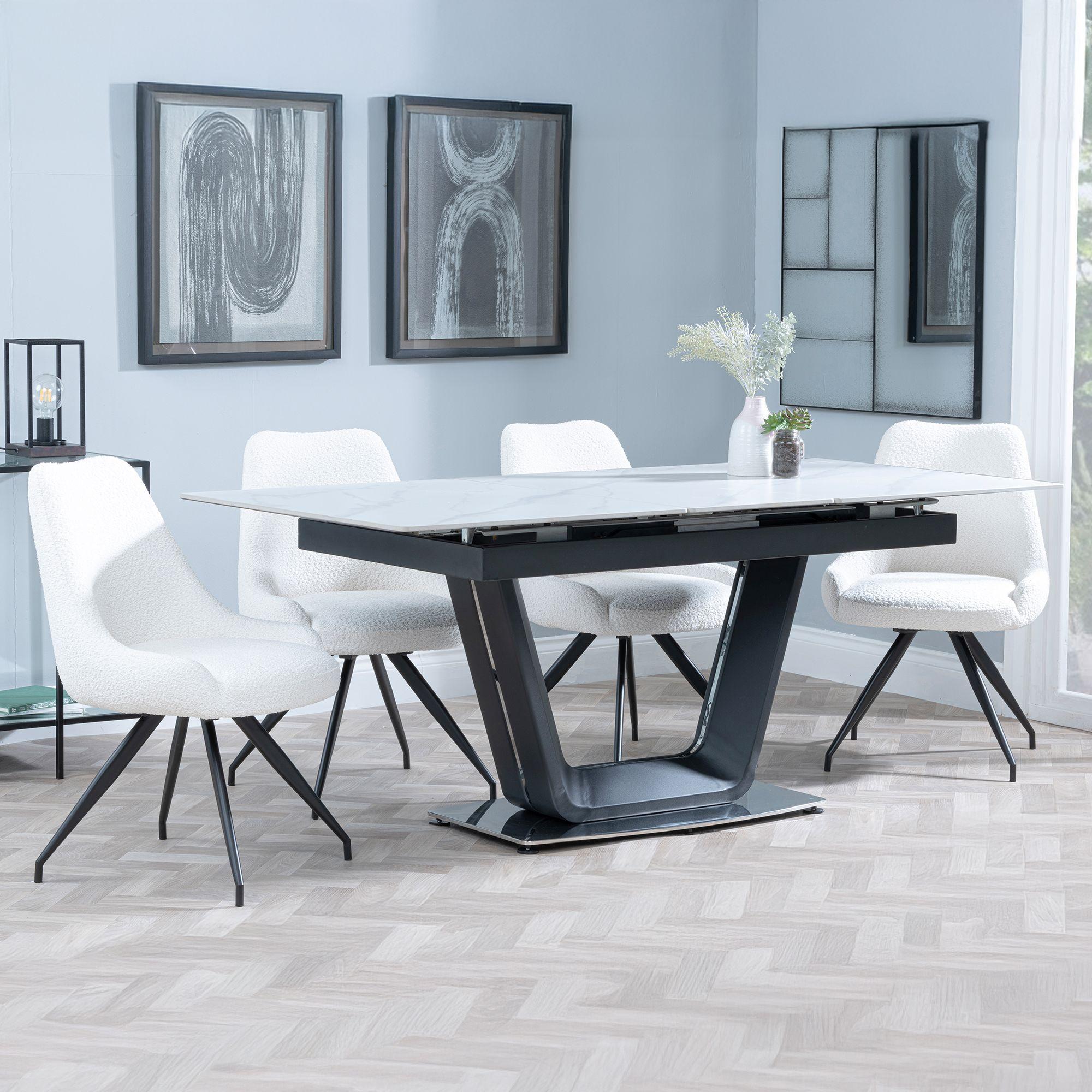 Alpha White Ceramic Extending Dining Set - Arctic Cream Velvet Fabric Swivel Dining Chair