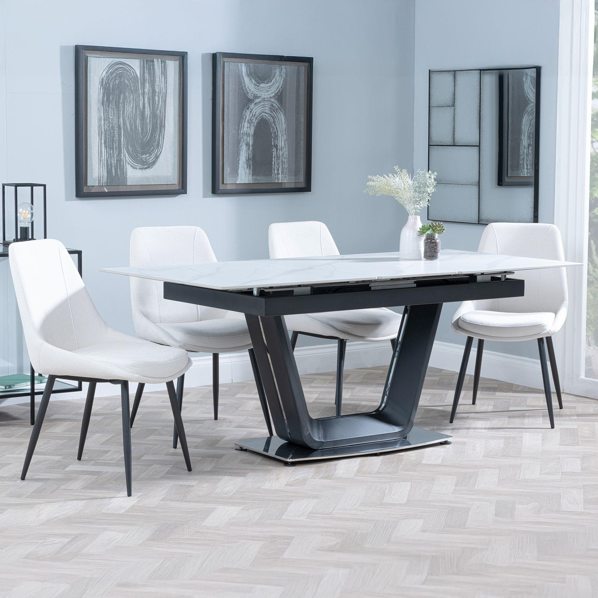 Alpha Extending Dining Set - 4-6 Seater - 140cm-180cm - White Ceramic - Darwin Dining Chair - Cream Fabric