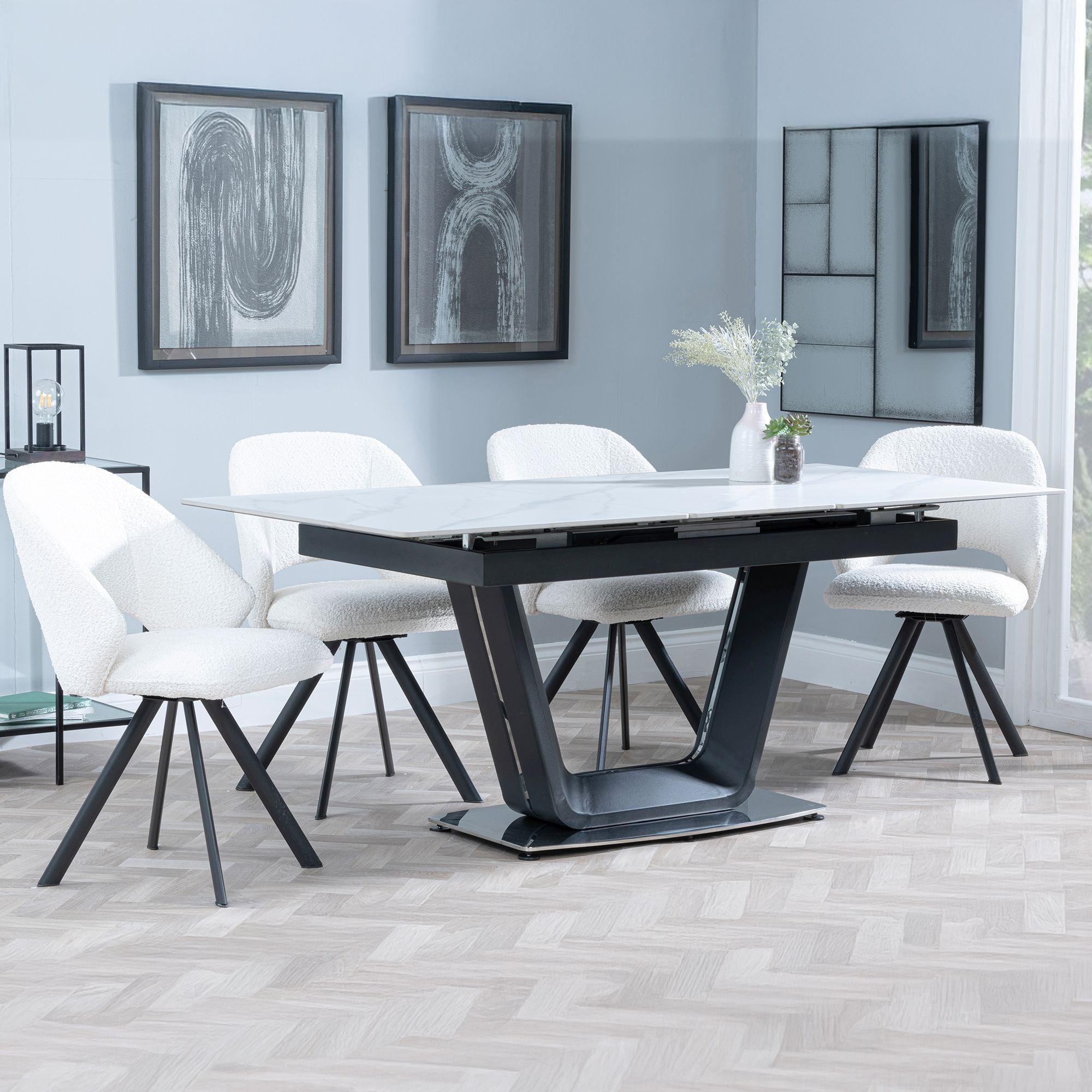 Alpha Extending Dining Set - 4-6 Seater - 140cm-180cm - White Ceramic - Ion Swivel Dining Chair - Cream Boucle Fabric