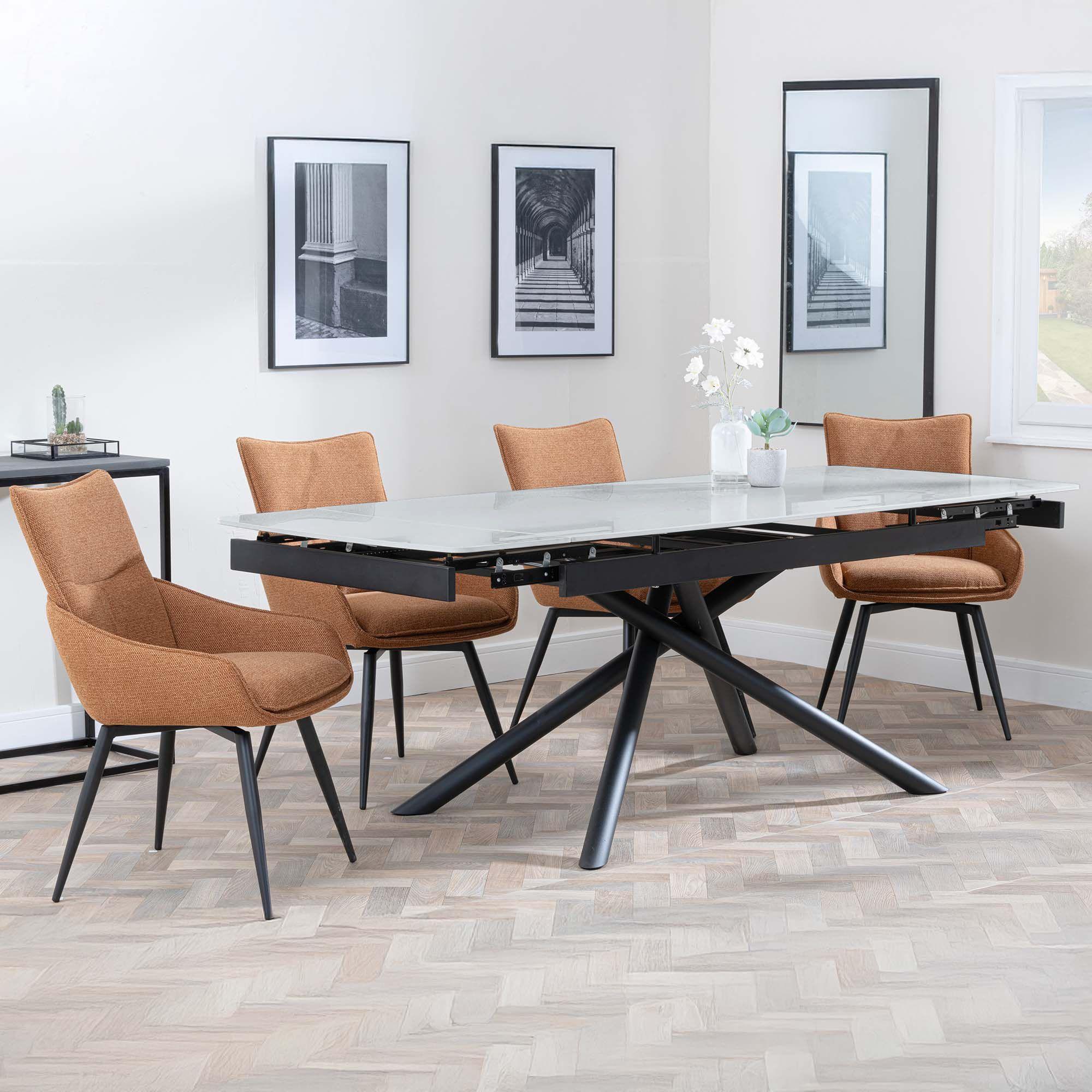 Apollo Grey Ceramic Extending Dining Set - Ace Orange Fabric Swivel Dining Chair