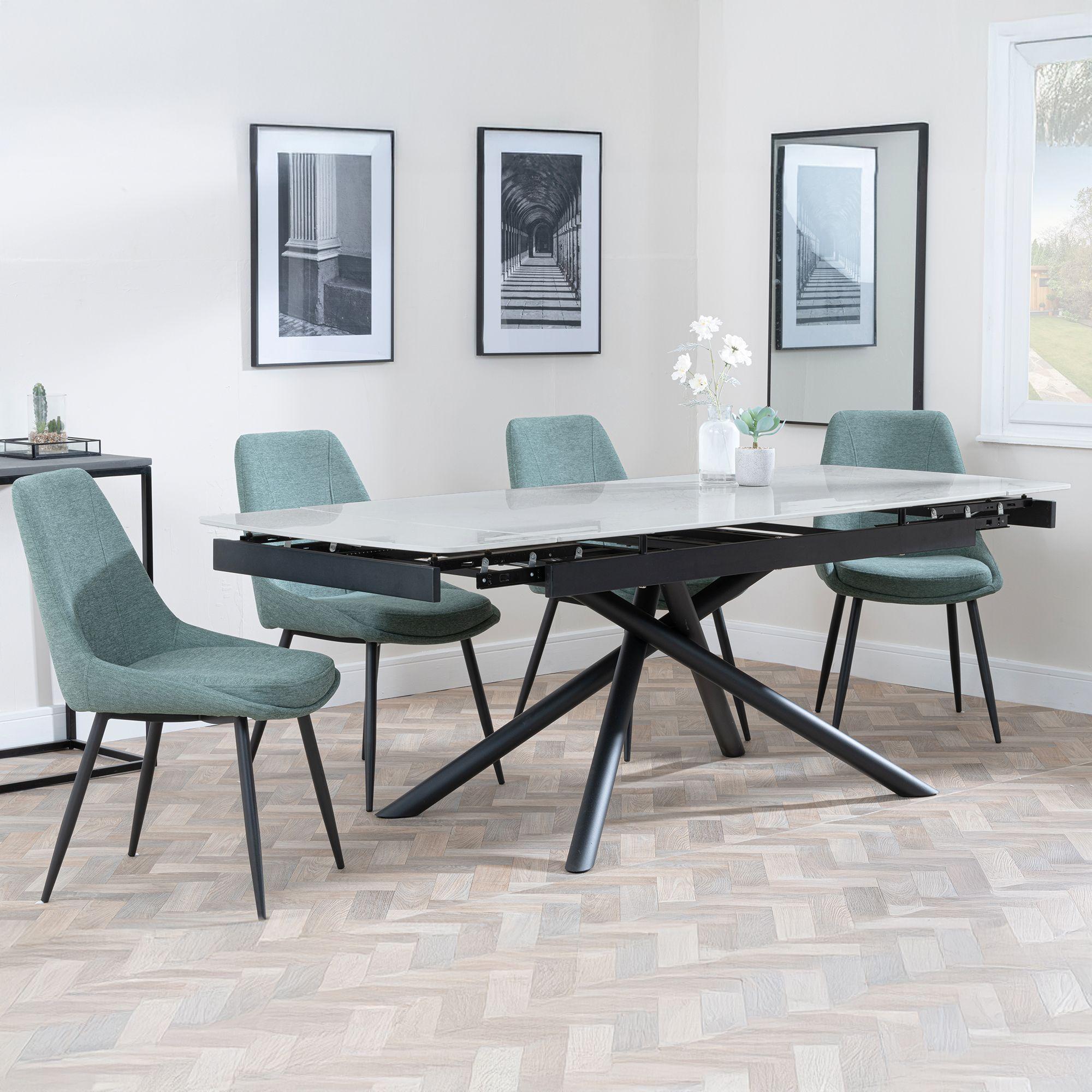 Apollo Grey Ceramic Extending Dining Set - Darwin Green Fabric Dining Chair