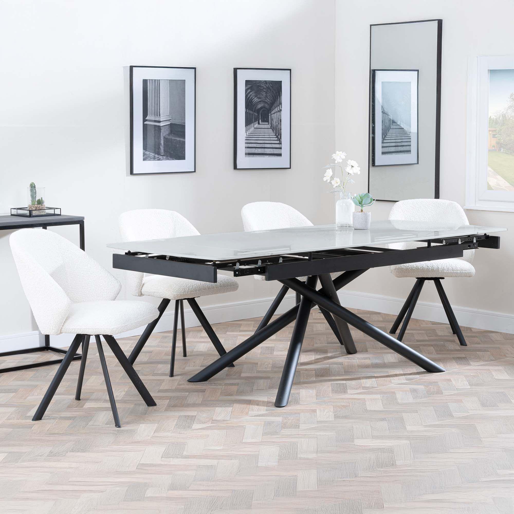 Apollo Grey Ceramic Extending Dining Set - Ion Cream Boucle Teddy Fabric Swivel Dining Chair