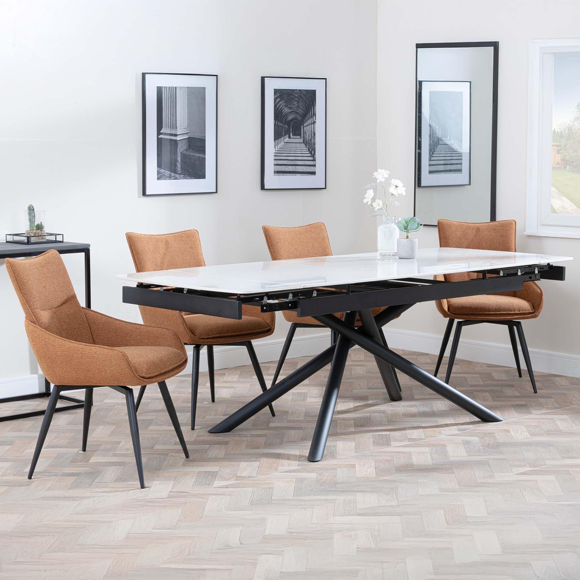 Apollo White Ceramic Extending Dining Set - Ace Orange Fabric Swivel Dining Chair