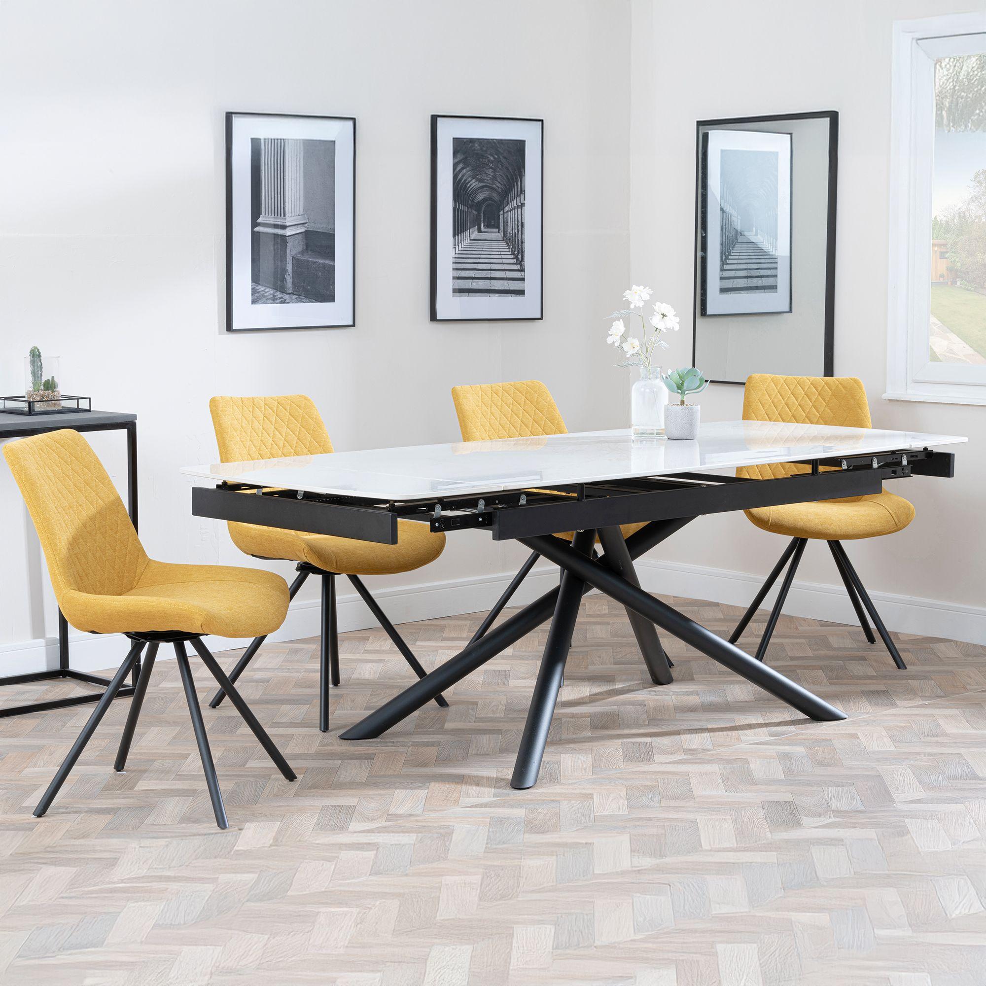 Apollo White Ceramic Extending Dining Set - Boden Yellow Fabric Swivel Dining Chair