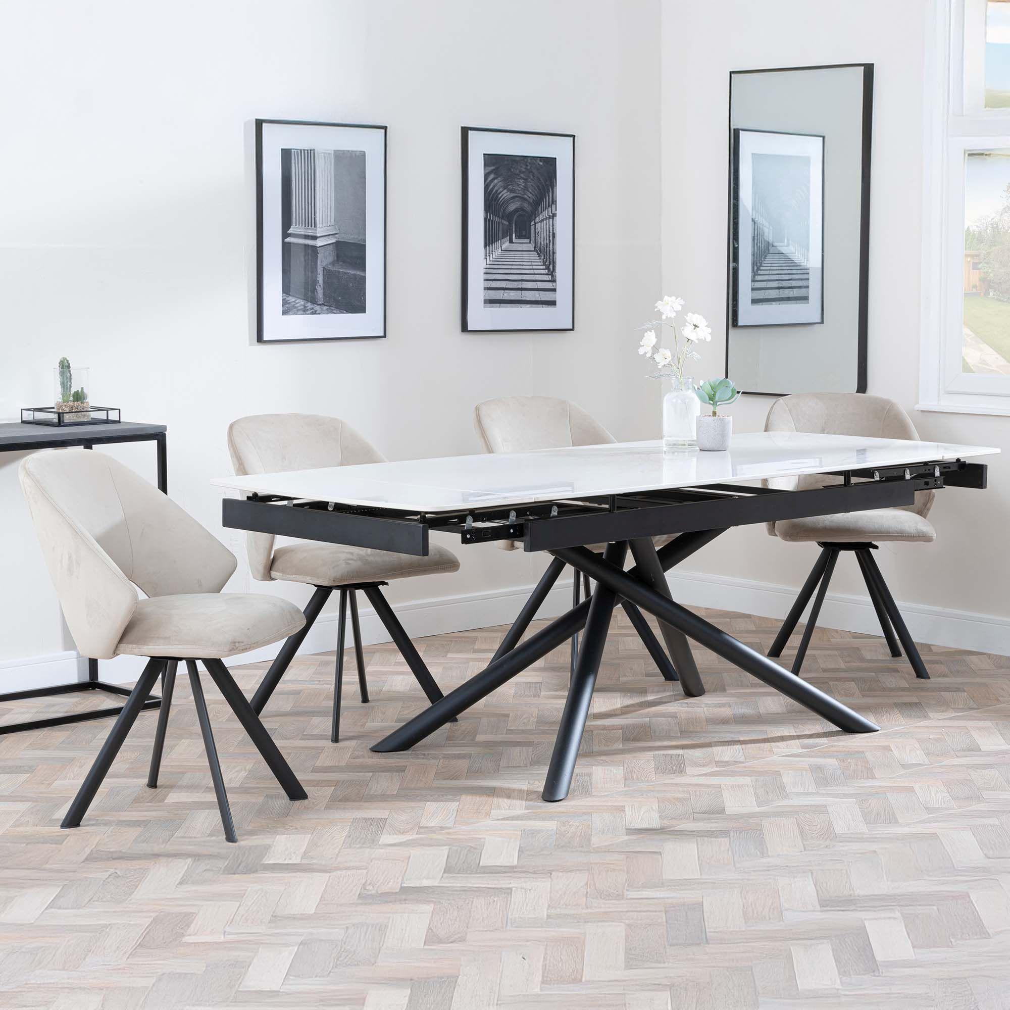 Apollo Extending Dining Set - 6-10 Seater - 160cm-220cm - White Ceramic - Ion Swivel Dining Chair - Beige Velvet Fabric