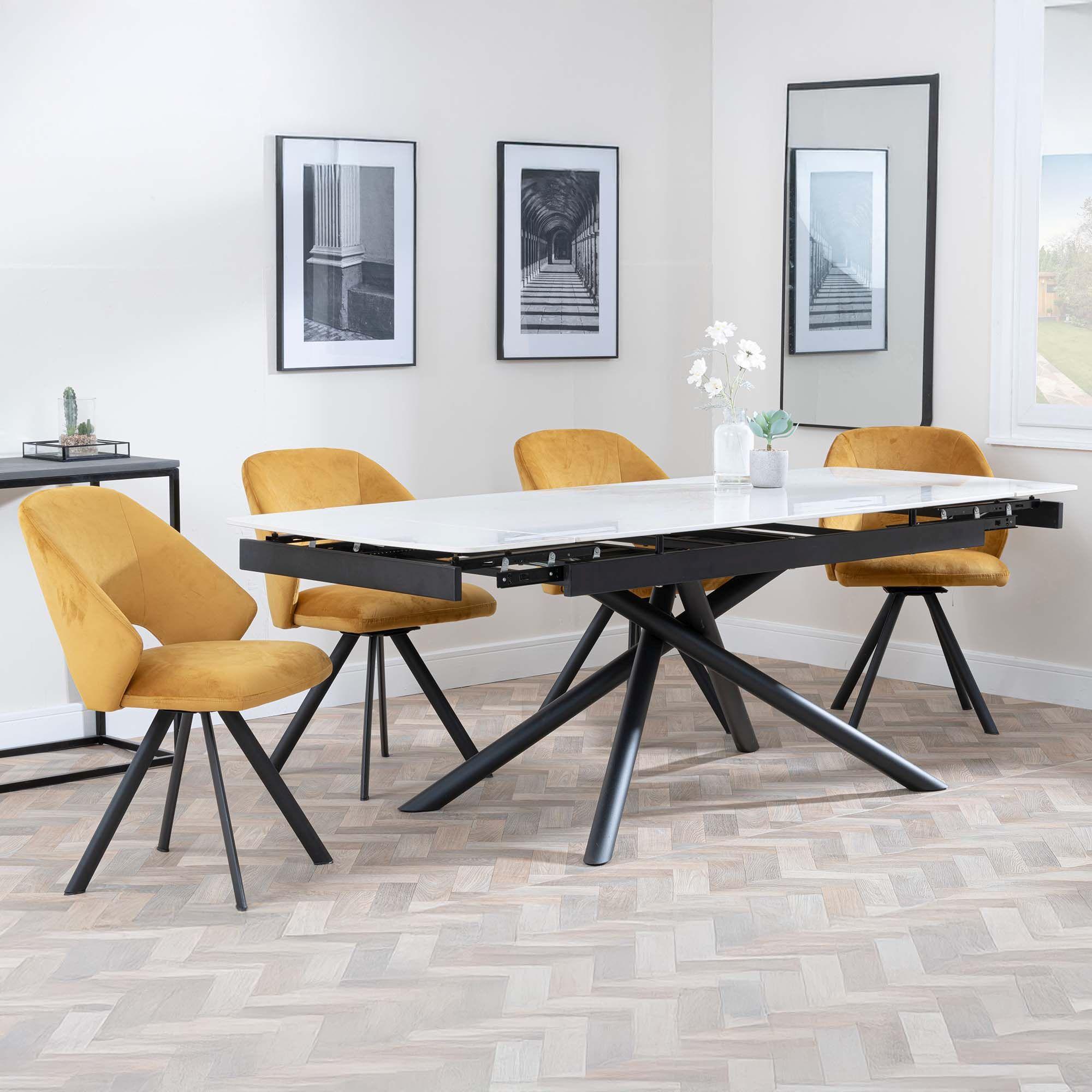 Apollo Extending Dining Set - 6-10 Seater - 160cm-220cm - White Ceramic - Ion Swivel Dining Chair - Mustard Velvet Fabric