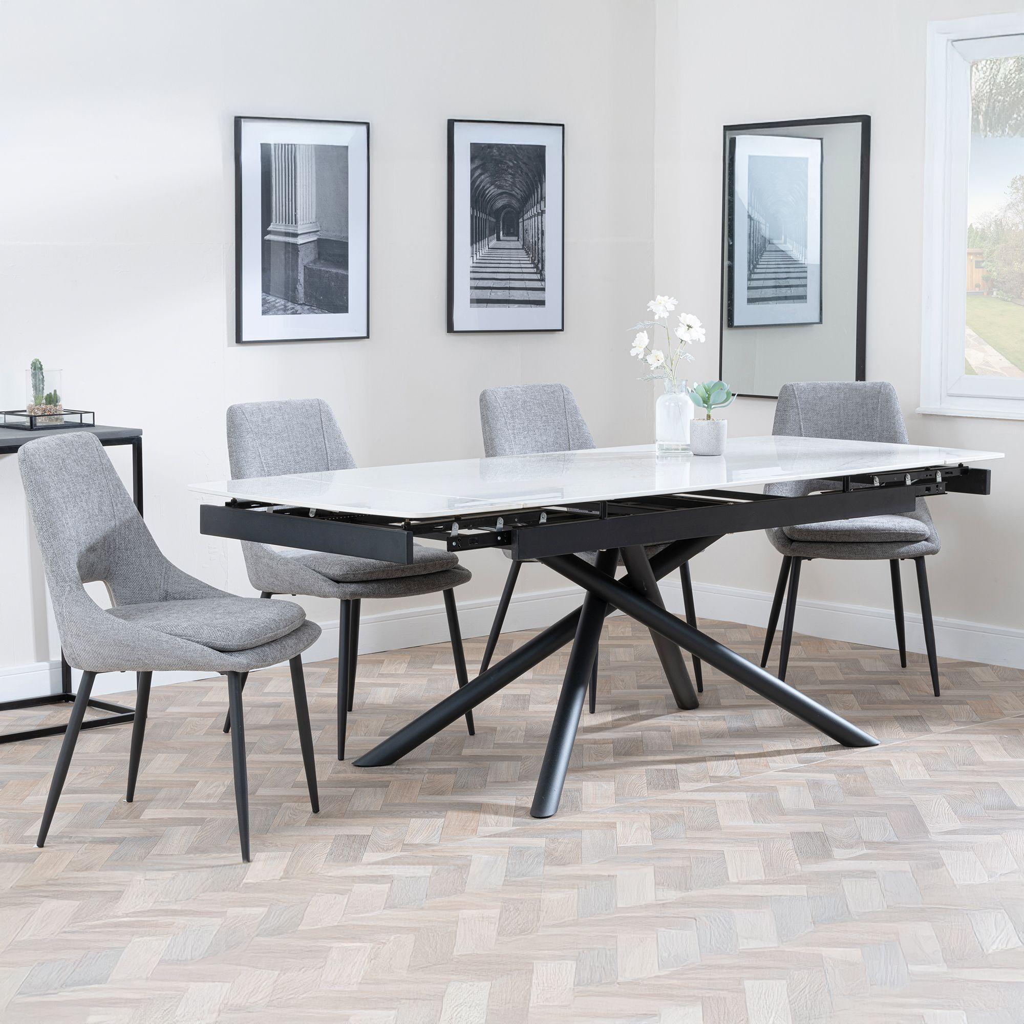 Apollo Extending Dining Set - 6-10 Seater - 160cm-220cm - White Ceramic - Peyton Dining Chair - Grey Fabric
