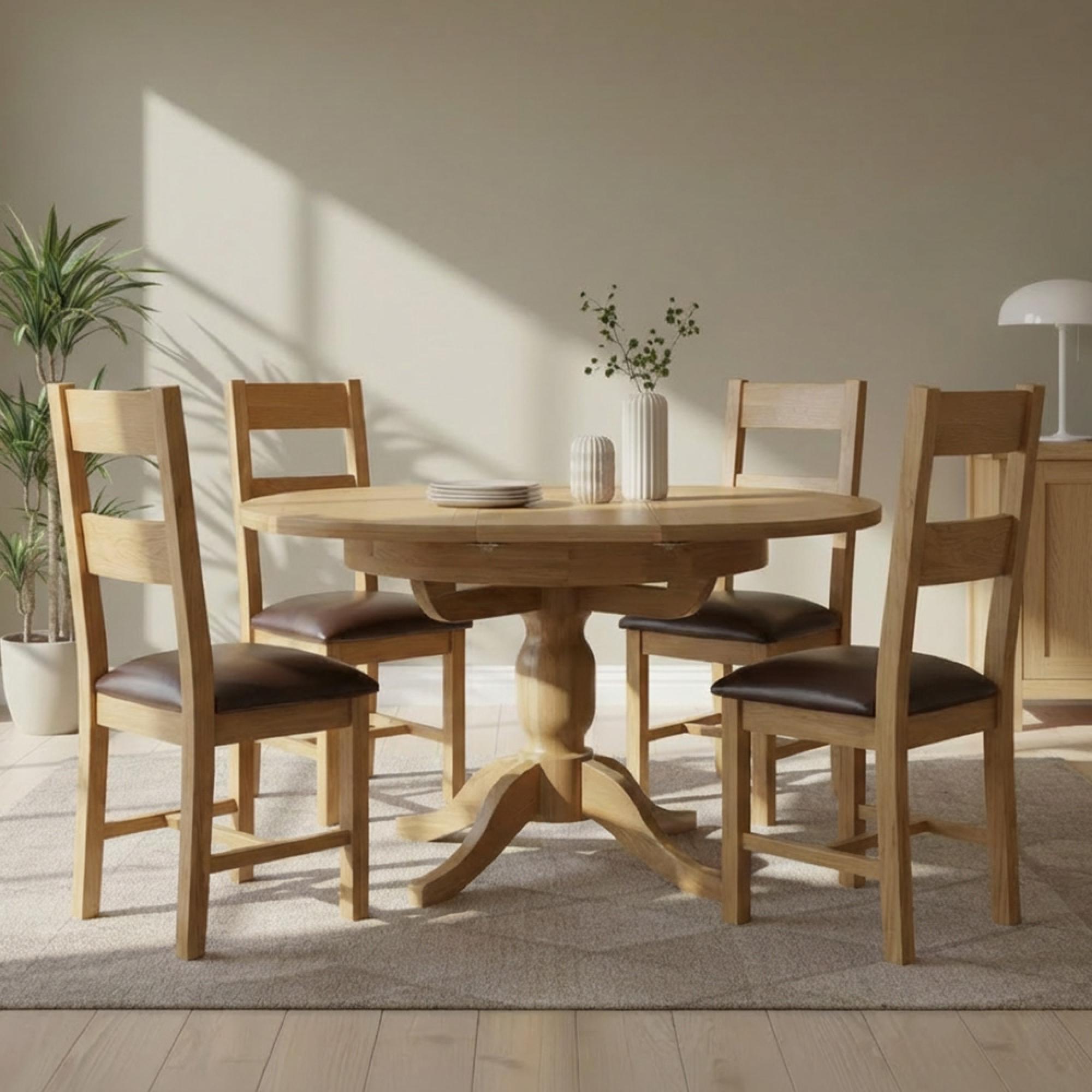 Appleby Extending Dining Set - 2-4 Seater - 100cm-140cm - Oak - with 4 Ladder Back Chairs - Black Faux Leather Seat Pad