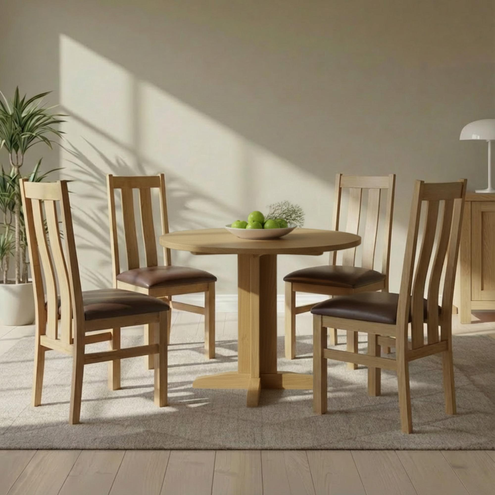 Appleby Round Drop Leaf Dining Set - 4 Seater - 30cm-90cm - Oak - with 4 Arizona Slatted Chairs - Black Faux Leather Seat Pad