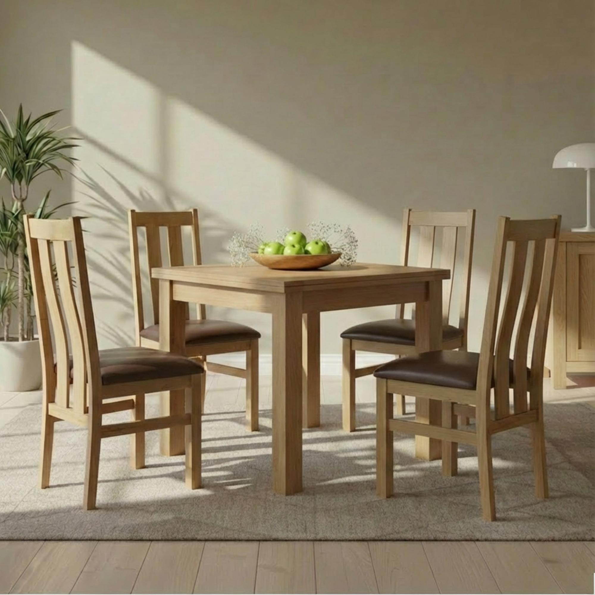 Appleby Flip Top Extending Dining Set - 2-6 Seater - 91cm-183cm - Oak - with 4 Arizona Slatted Chairs - Black Faux Leather Seat Pad