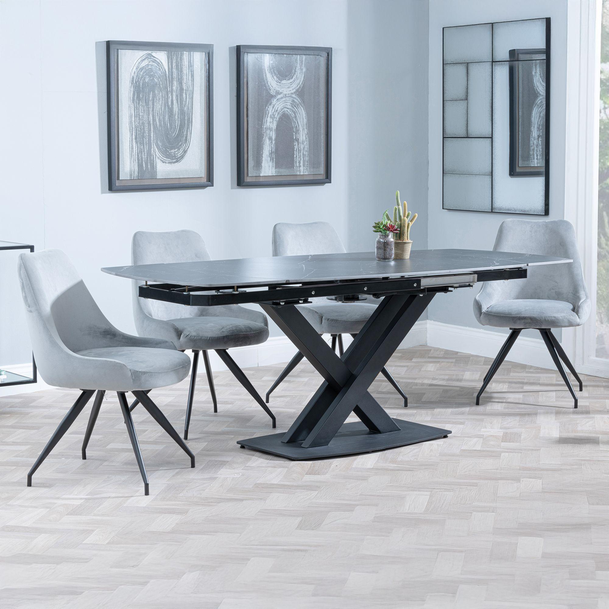Arctic Black Ceramic Swivel Top Extending Dining Set - Arctic Grey Velvet Fabric Swivel Dining Chair