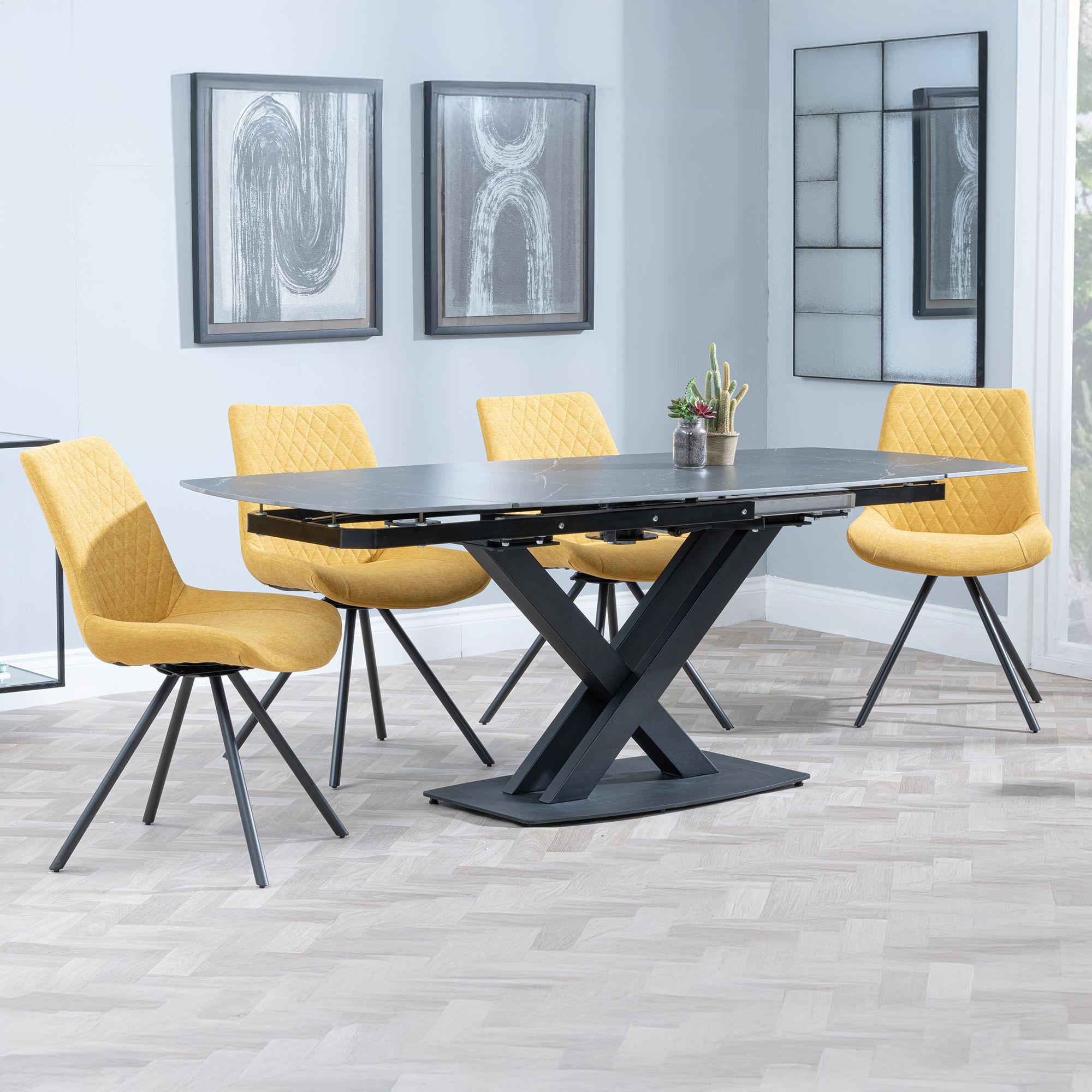 Arctic Black Ceramic Swivel Top Extending Dining Set - Boden Yellow Fabric Swivel Dining Chair