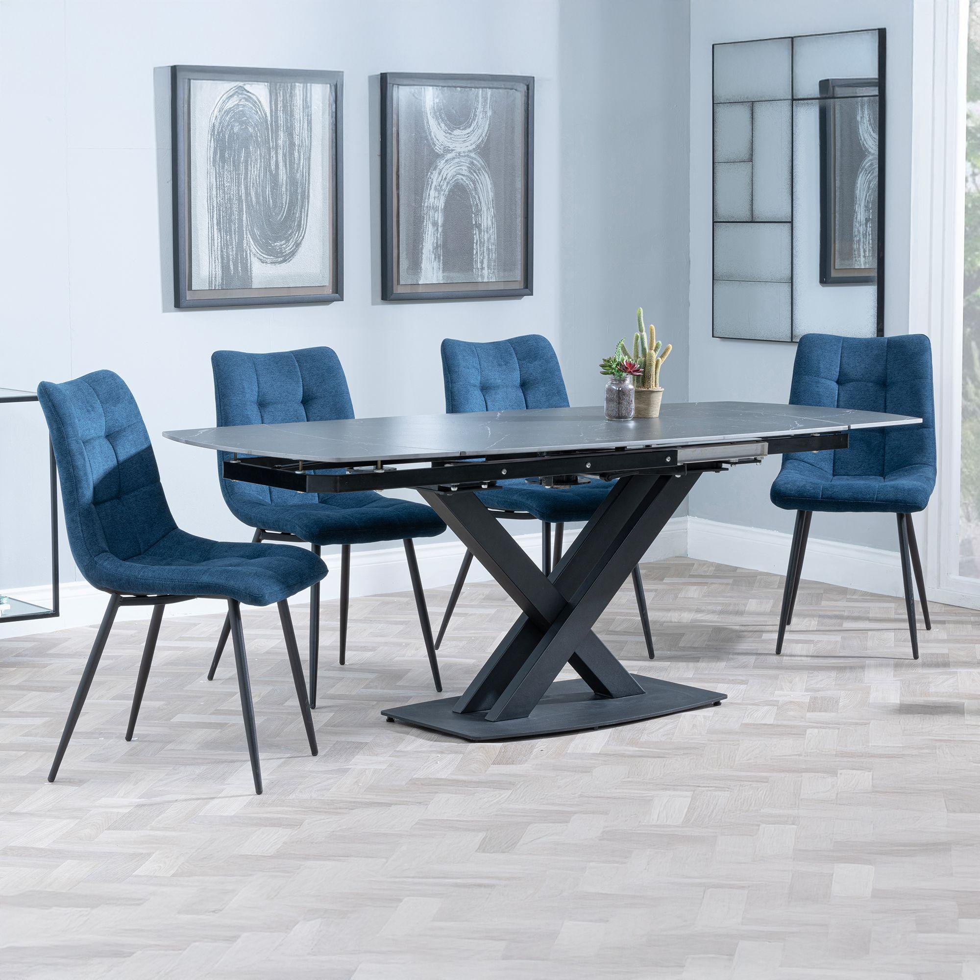 Arctic Black Ceramic Swivel Top Extending Dining Set - Corona Blue Fabric Dining Chair