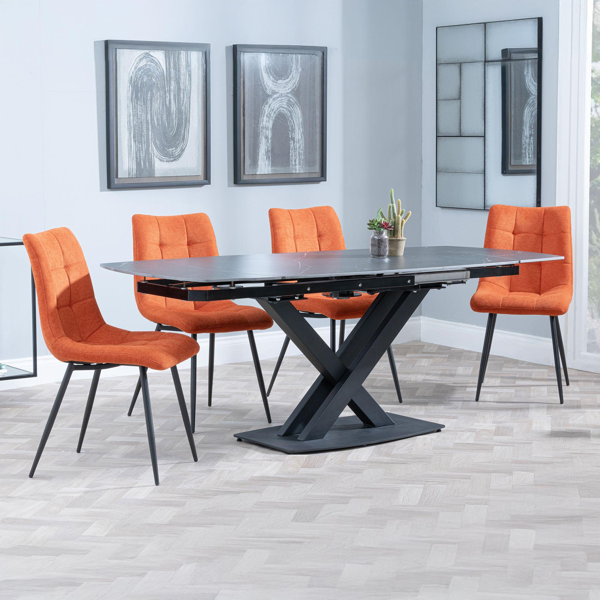 Arctic Black Ceramic Swivel Top Extending Dining Set - Corona Orange Fabric Dining Chair