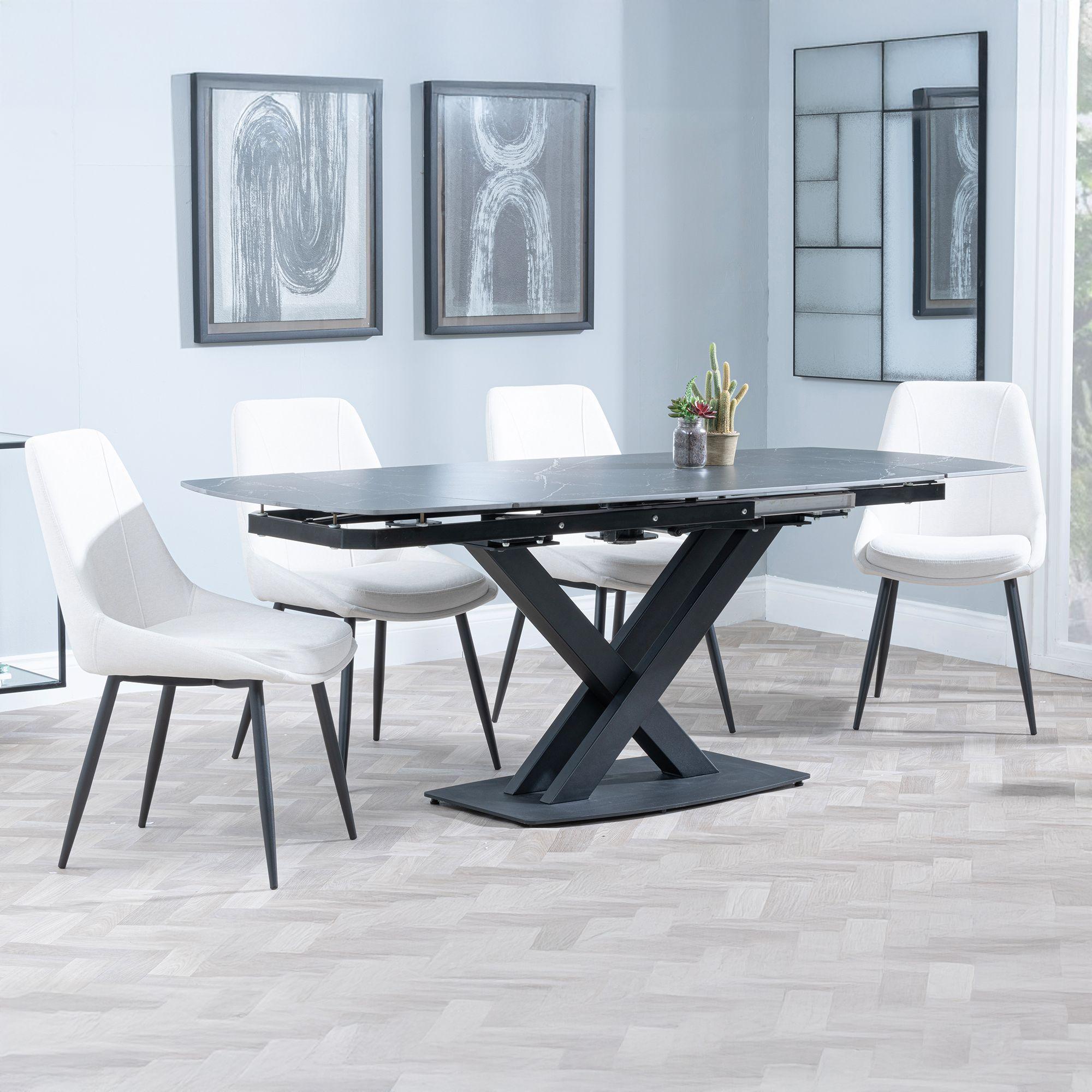 Arctic Black Ceramic Swivel Top Extending Dining Set - Darwin Cream Fabric Dining Chair