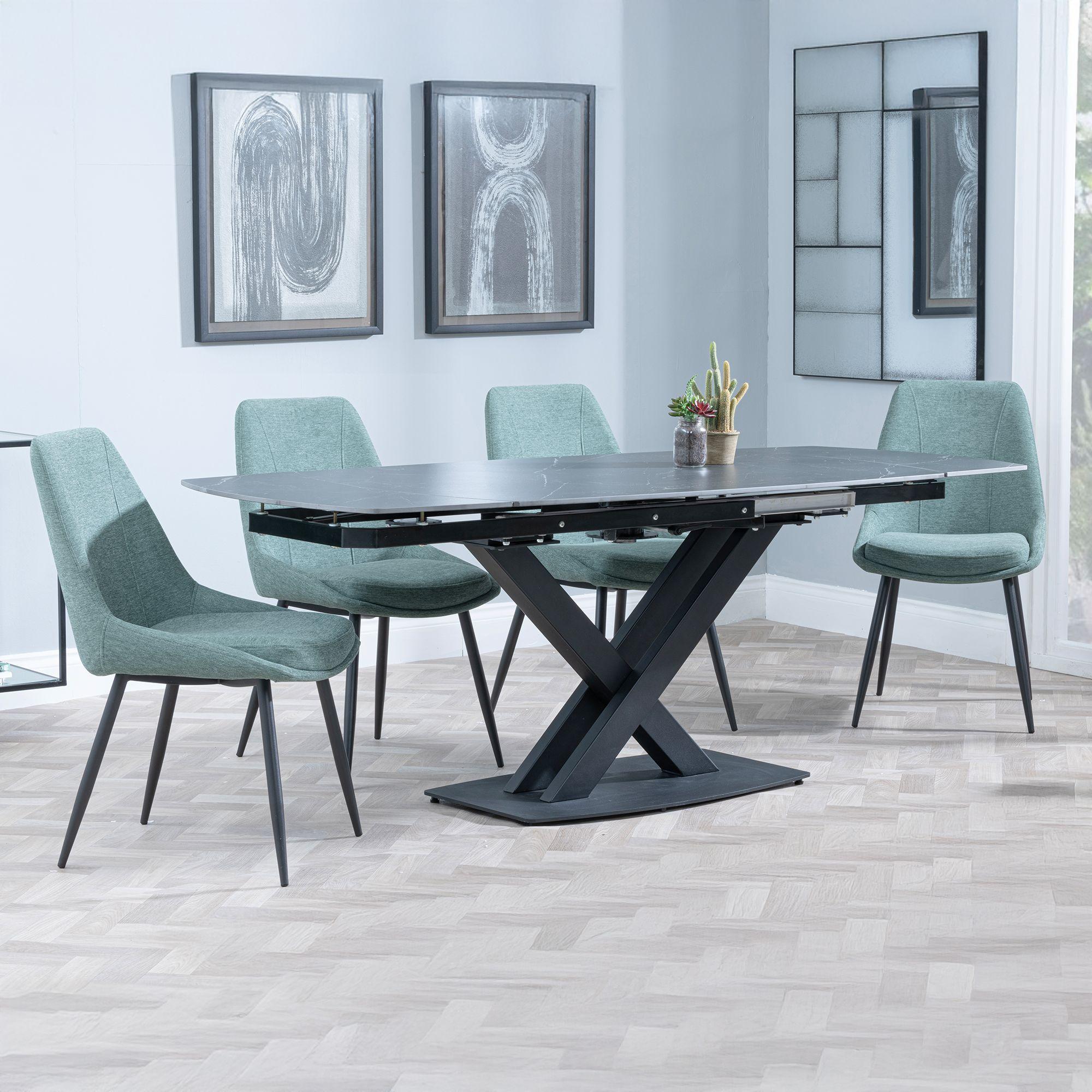 Arctic Black Ceramic Swivel Top Extending Dining Set - Darwin Green Fabric Dining Chair