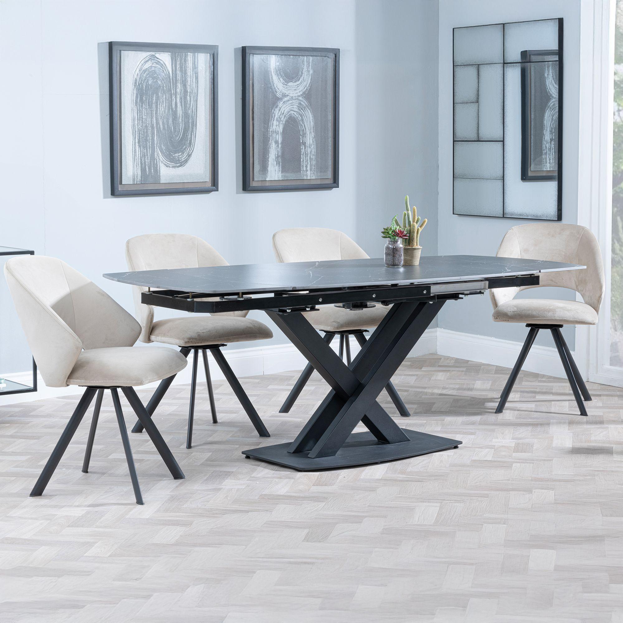 Arctic Black Ceramic Swivel Top Extending Dining Set - Ion Beige Velvet Fabric Swivel Dining Chair