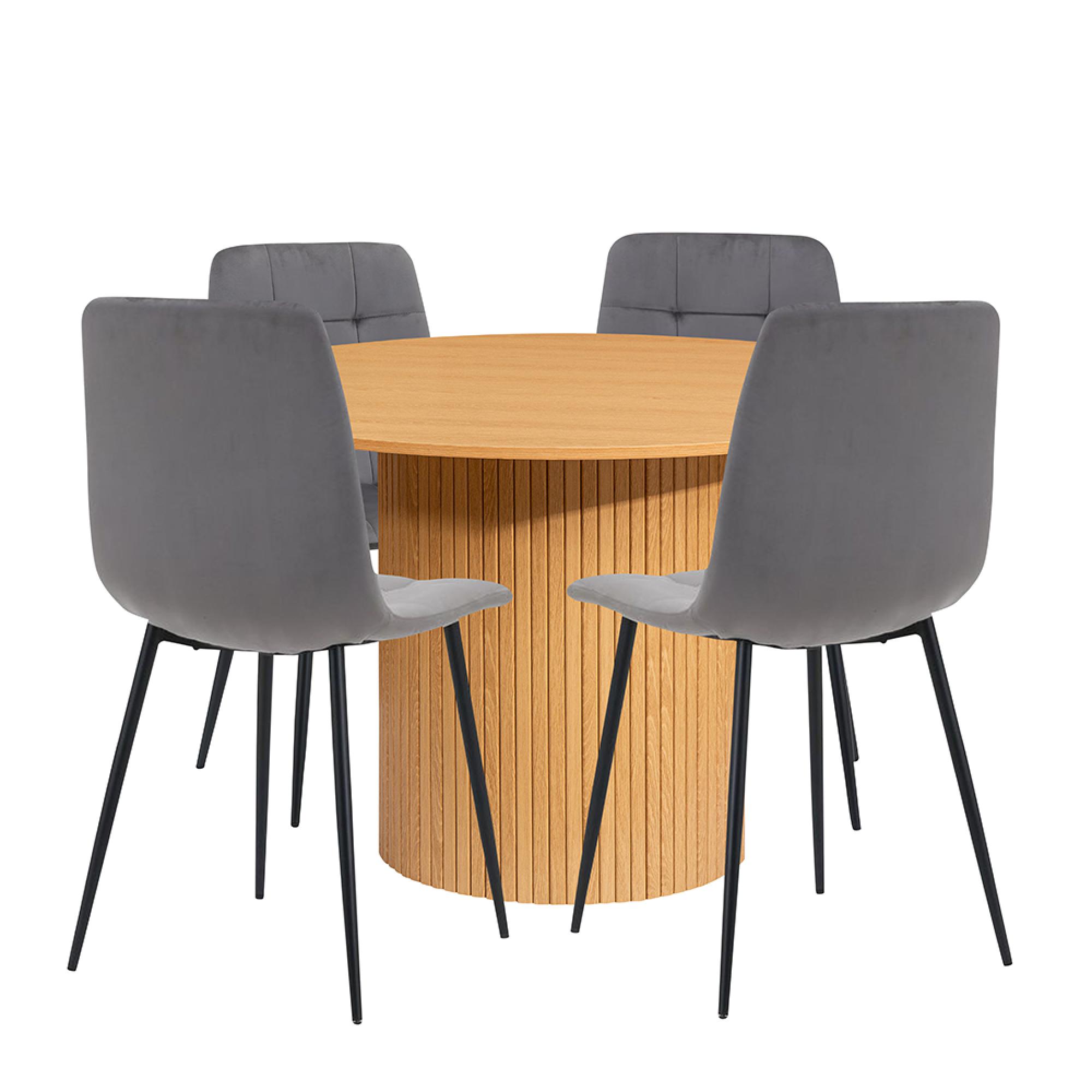 Axel Round Dining Set - 4 Seater - 120cm - with 4 Chairs - Oak Fluted