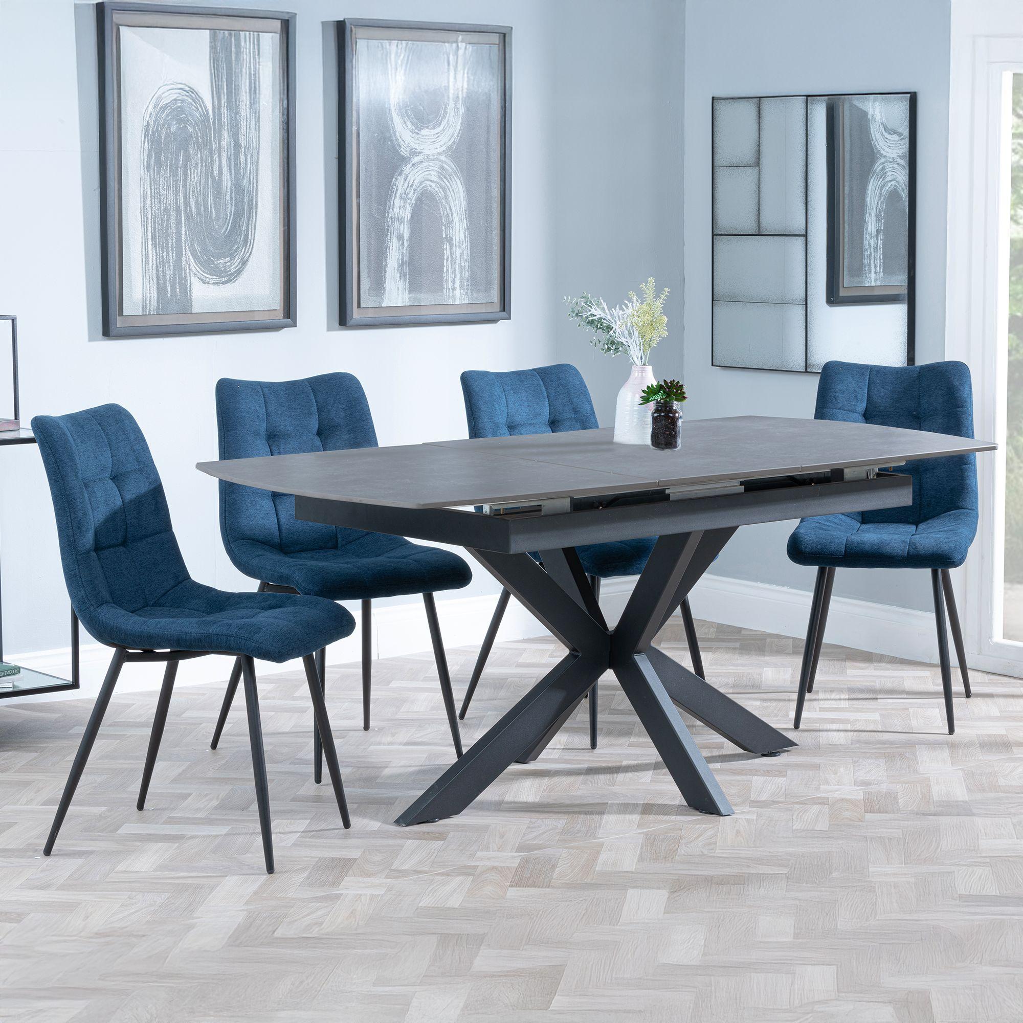 Bari Grey Ceramic Extending Dining Set - Corona Blue Fabric Dining Chair