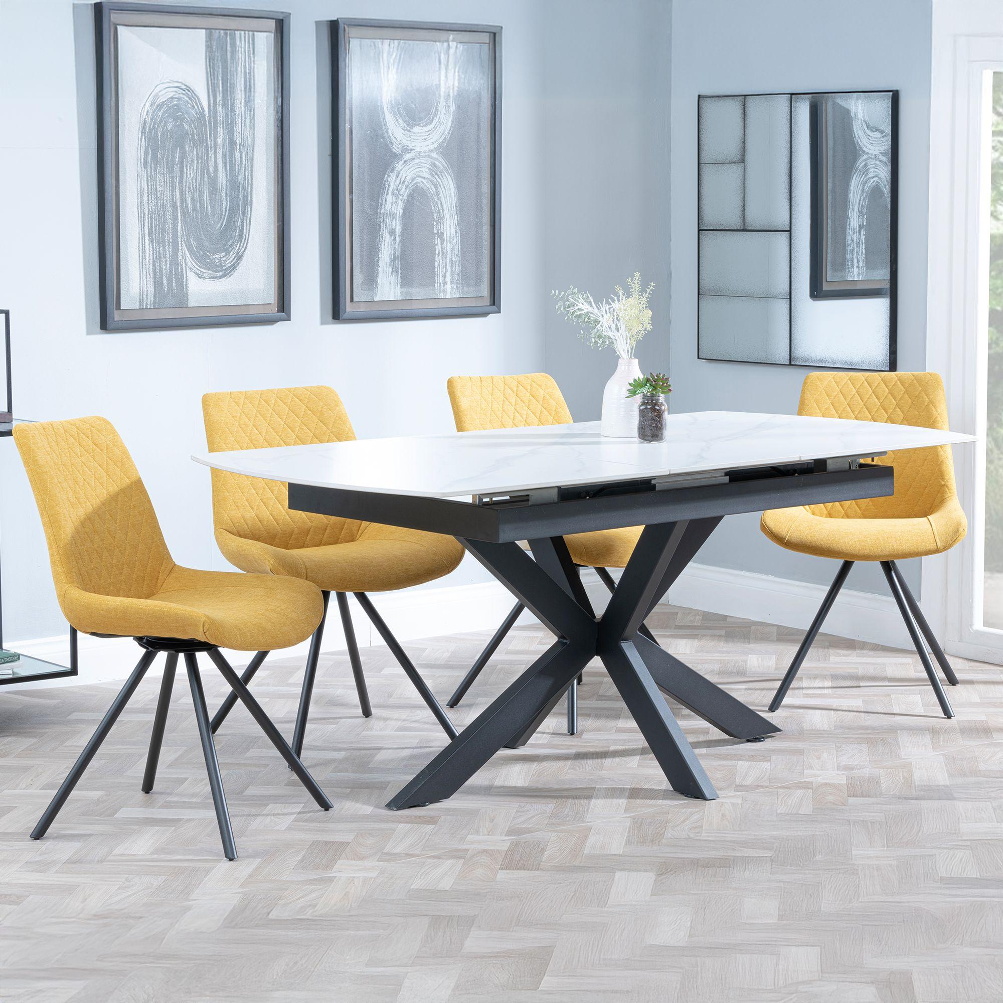 Bari Extending Dining Set - 4-6 Seater - 140cm-180cm - White Ceramic - Boden Swivel Dining Chair - Yellow Fabric