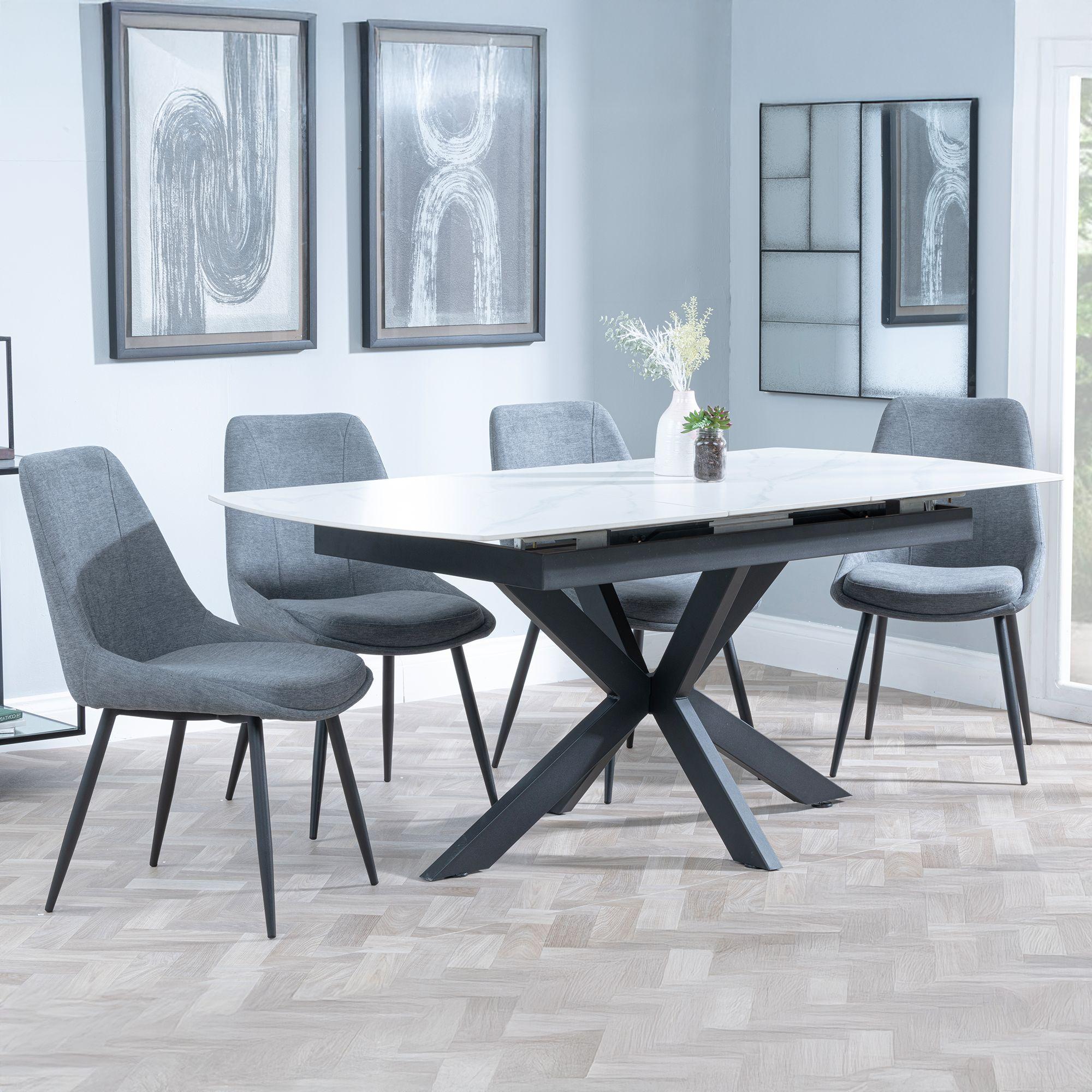 Bari Extending Dining Set - 4-6 Seater - 140cm-180cm - White Ceramic - Darwin Dining Chair - Grey Fabric