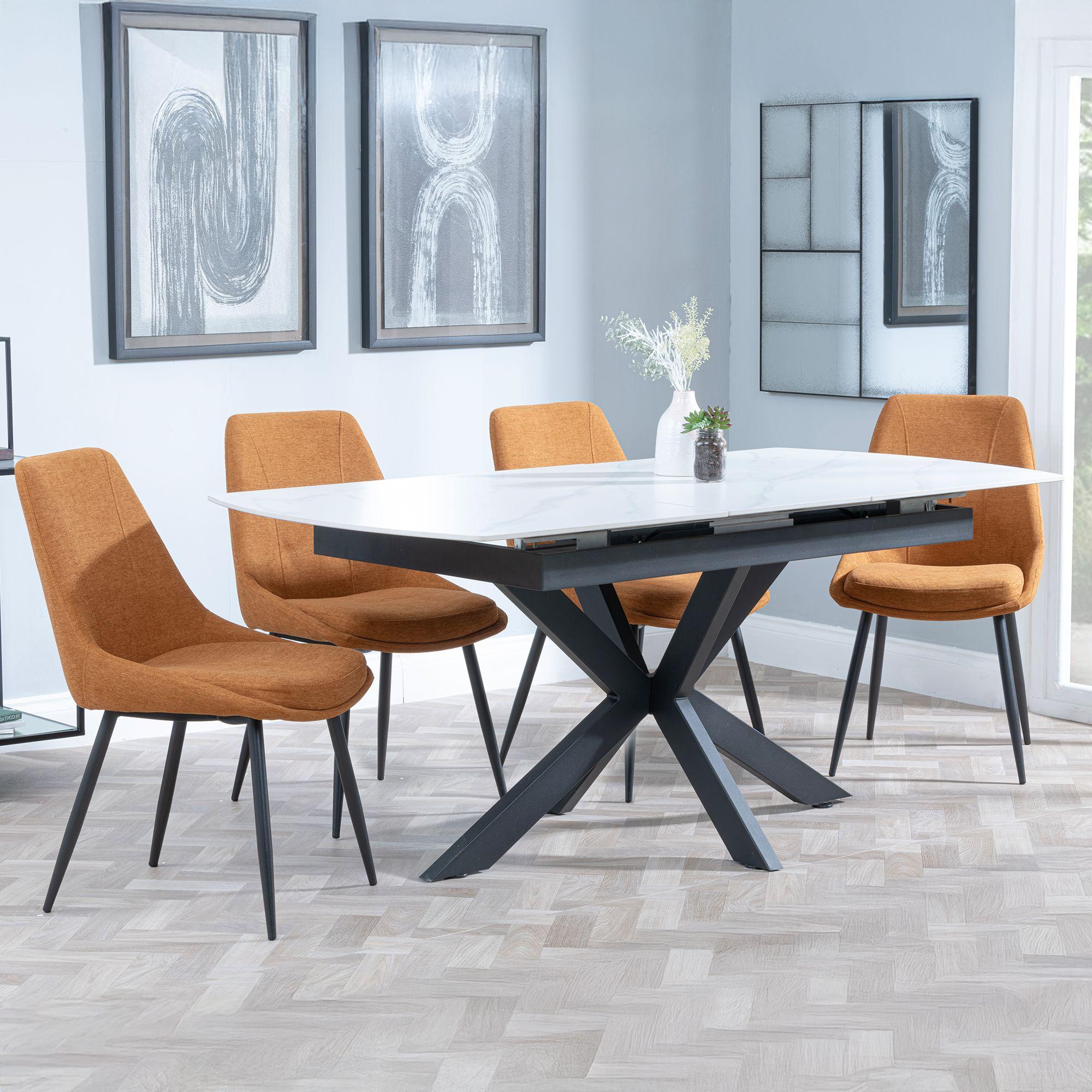 Bari Extending Dining Set - 4-6 Seater - 140cm-180cm - White Ceramic - Darwin Dining Chair - Orange Fabric
