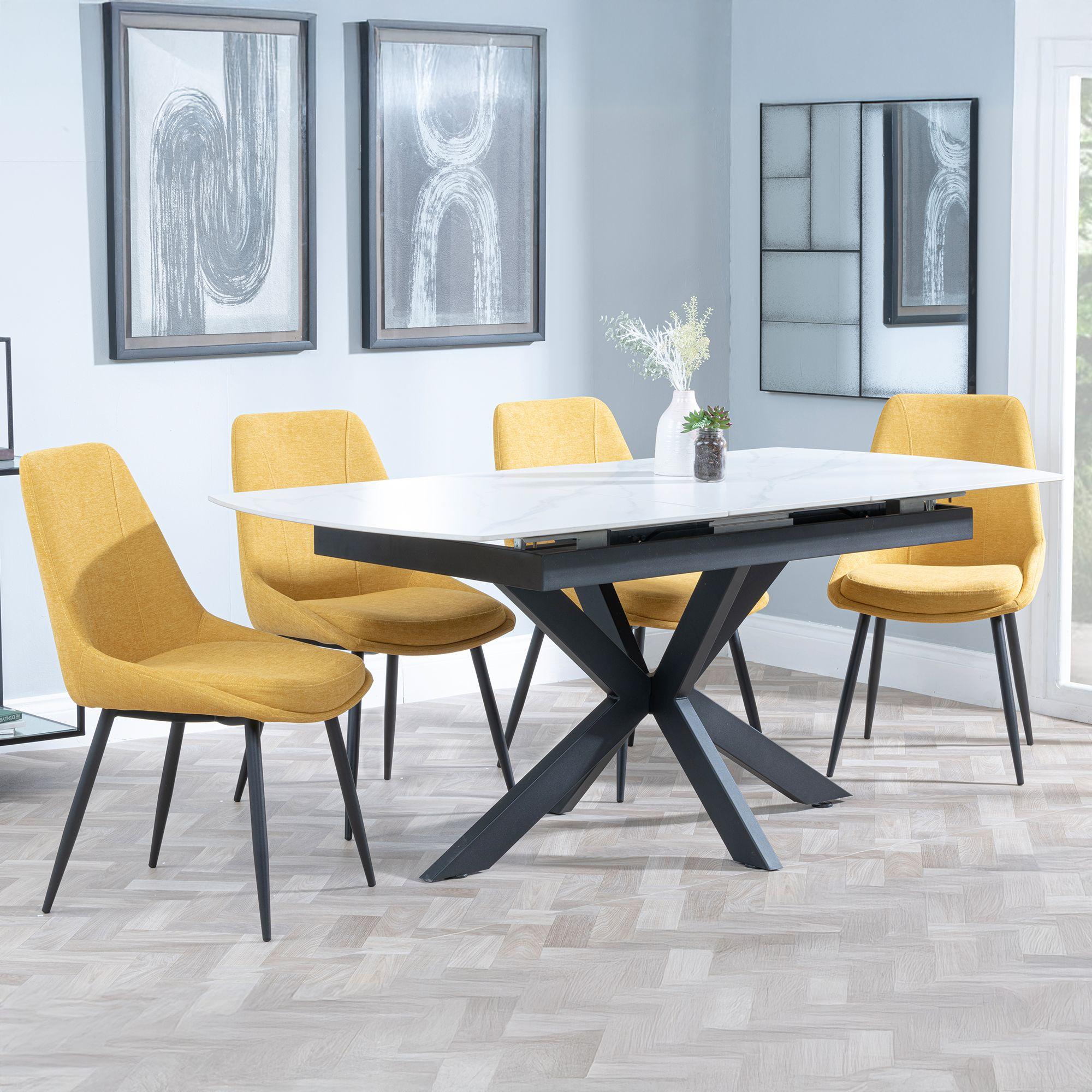 Bari Extending Dining Set - 4-6 Seater - 140cm-180cm - White Ceramic - Darwin Dining Chair - Yellow Fabric