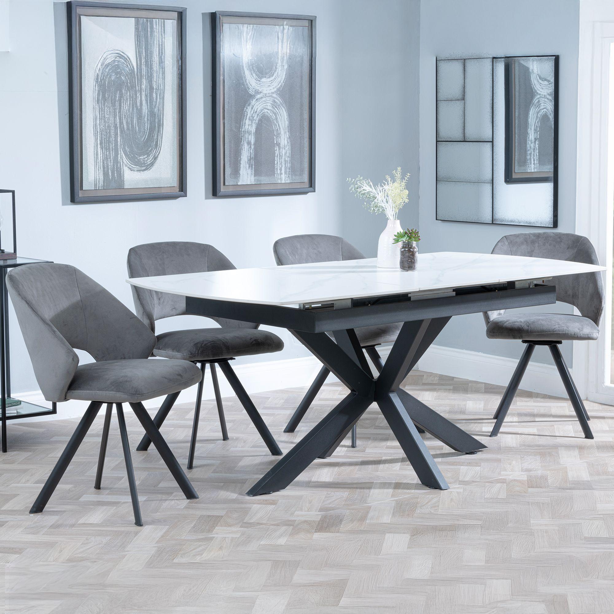 Bari Extending Dining Set - 4-6 Seater - 140cm-180cm - White Ceramic - Ion Swivel Dining Chair - Dark Grey Velvet Fabric