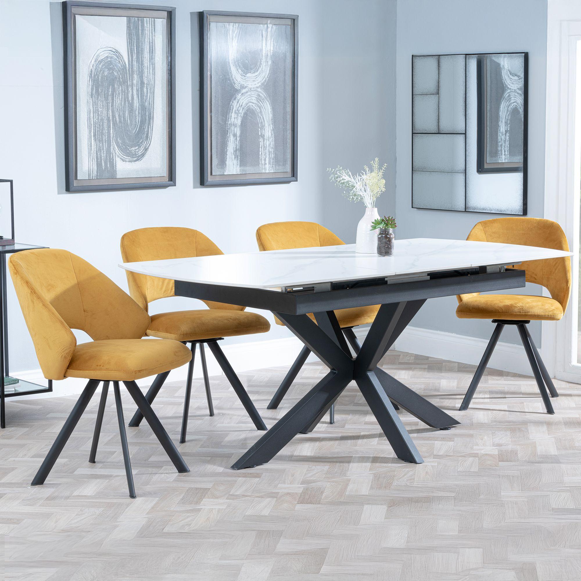 Bari Extending Dining Set - 4-6 Seater - 140cm-180cm - White Ceramic - Ion Swivel Dining Chair - Mustard Velvet Fabric