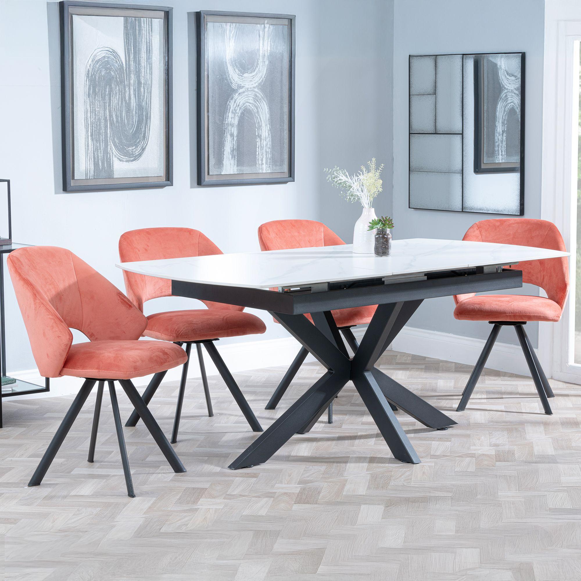 Bari Extending Dining Set - 4-6 Seater - 140cm-180cm - White Ceramic - Ion Swivel Dining Chair - Orange Velvet Fabric