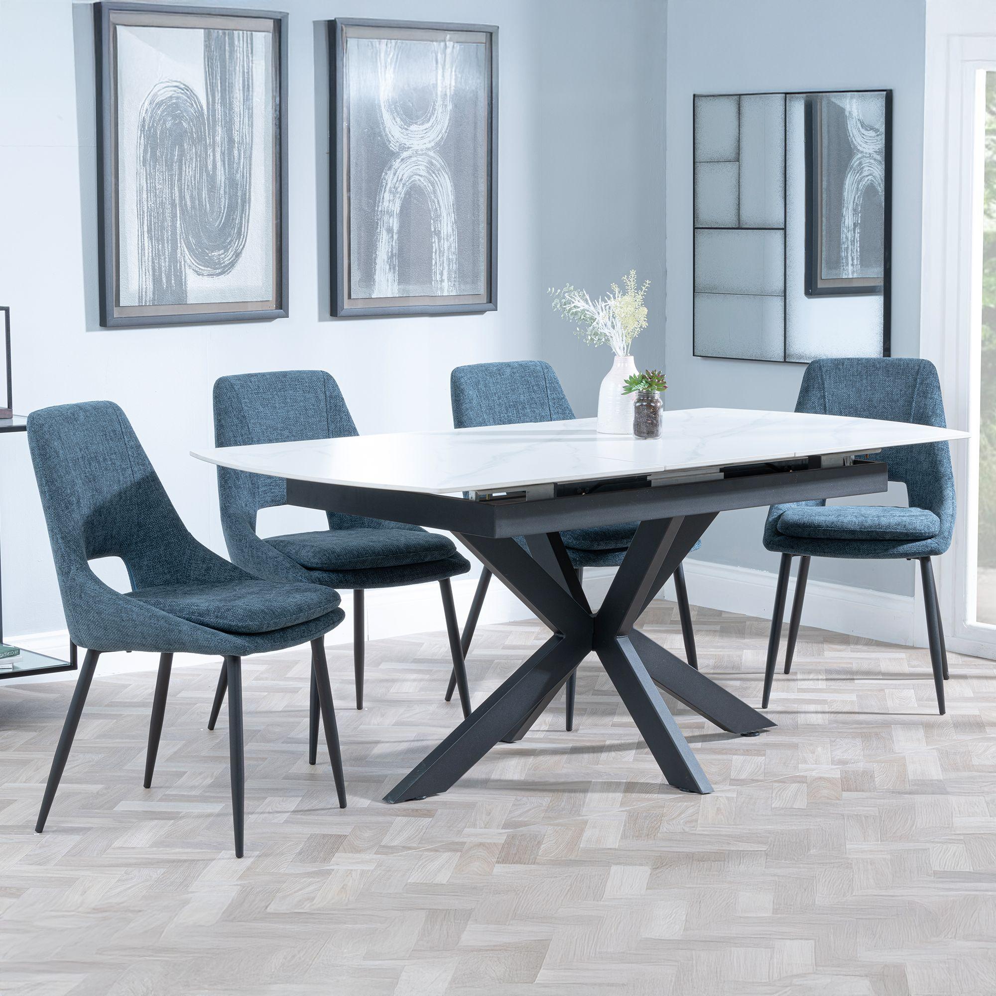 Bari Extending Dining Set - 4-6 Seater - 140cm-180cm - White Ceramic - Peyton Dining Chair - Blue Fabric