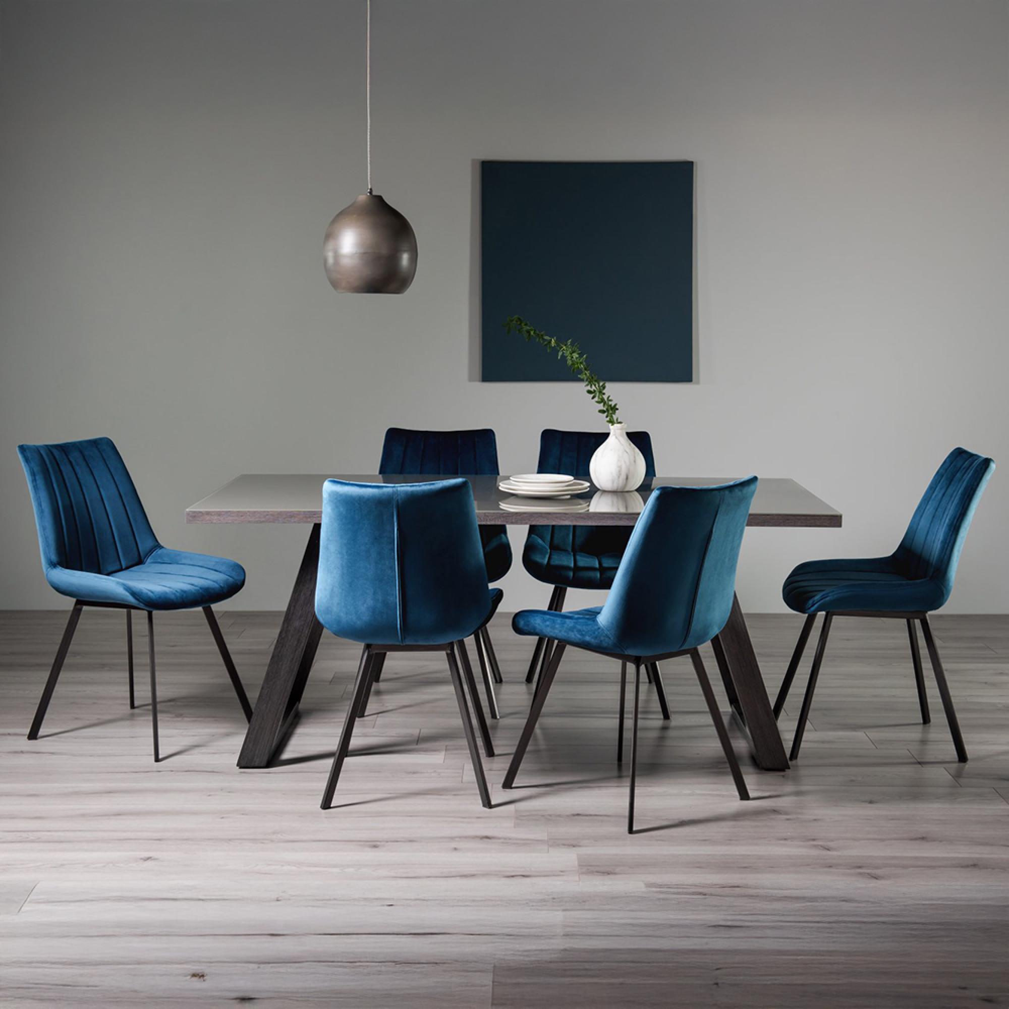Hirst Grey Painted Glass Dining Table Set - 6 Seater - 90cm - 6 Fontana Blue Velvet Chairs