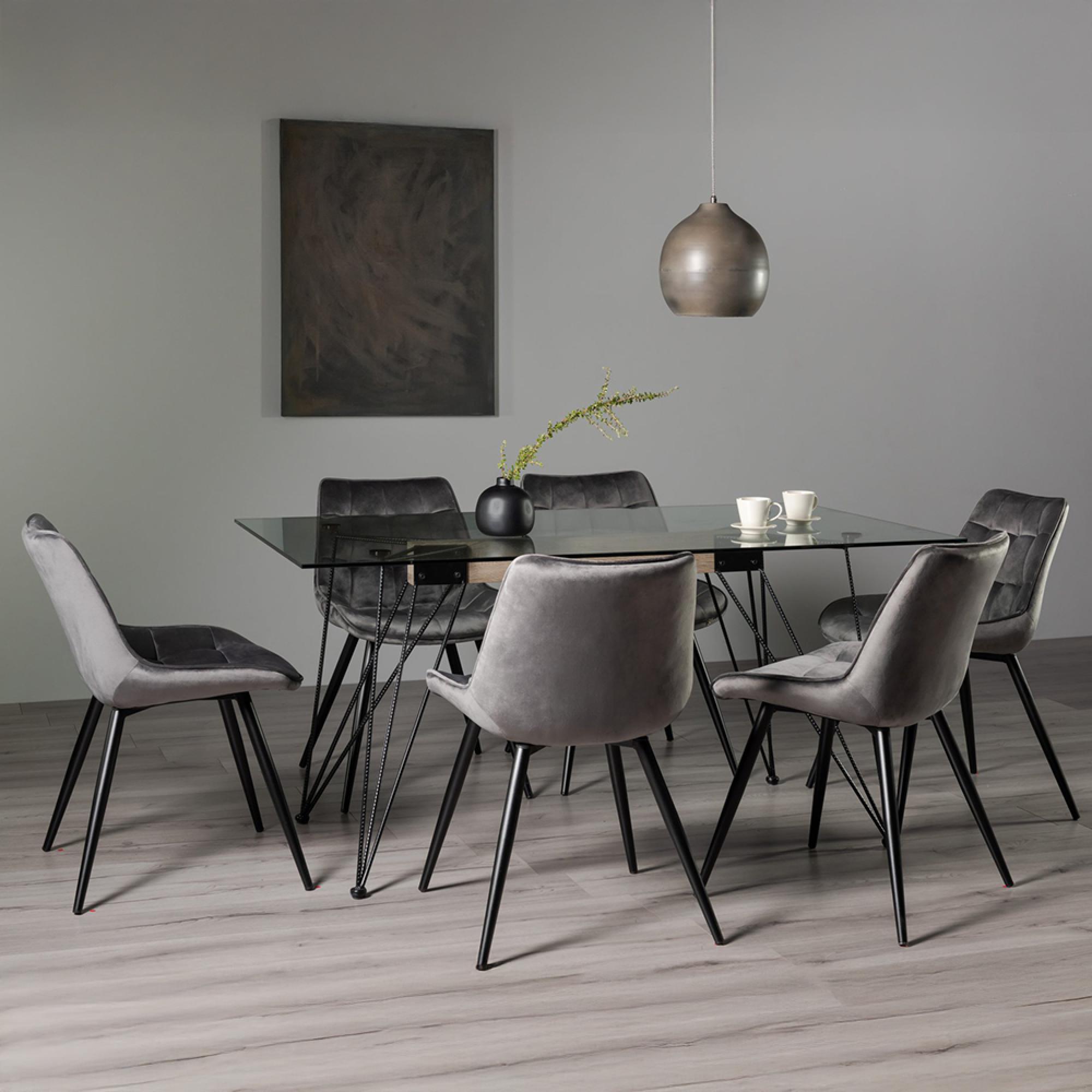 Miro Glass Dining Table Set - 6 Seater - 160cm - 6 Seurat Grey Velvet Chairs